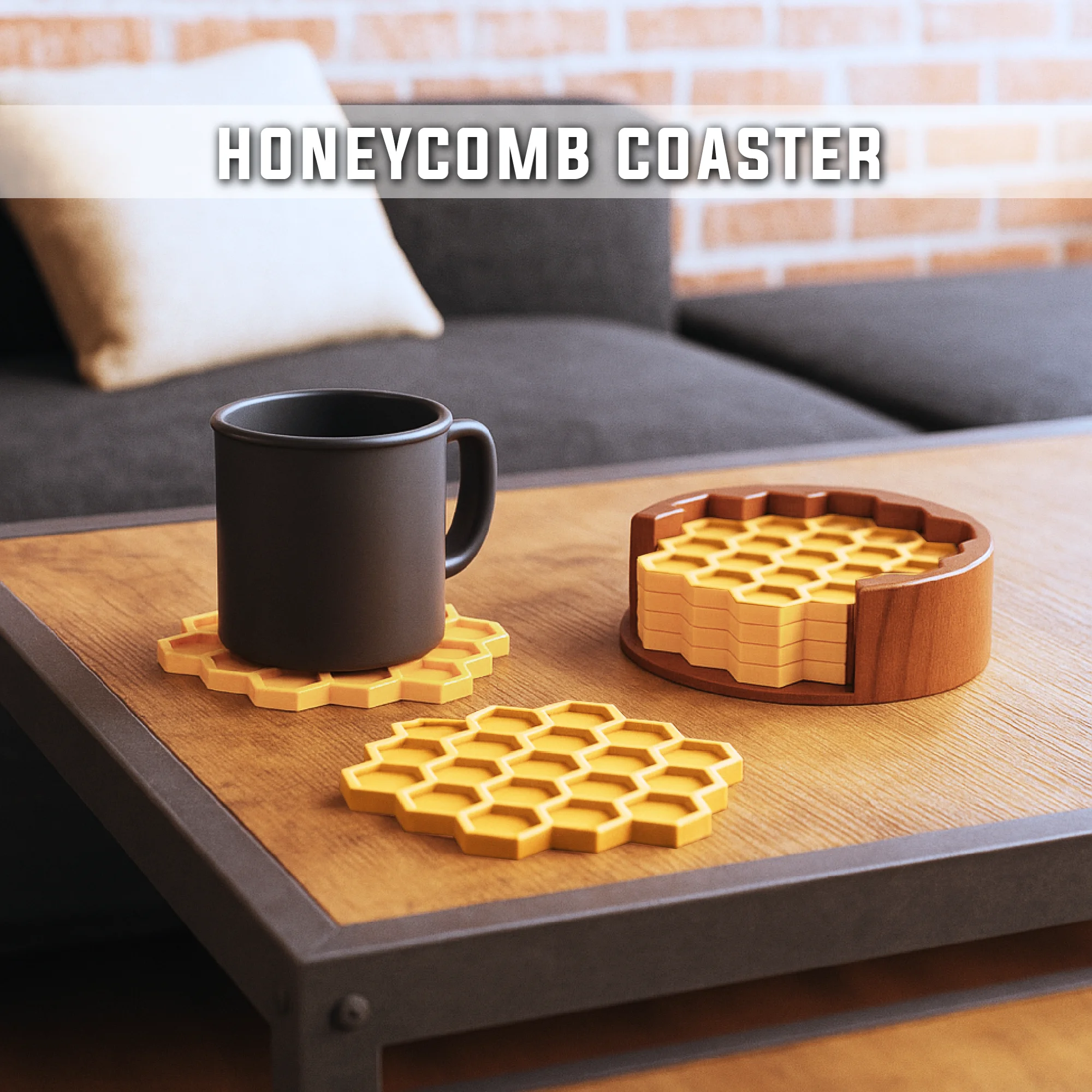Honeycomb Coaster Set, 4. pcs with Holder, Honey - Bee Theme Coaster, Home Decor, Special Gift 3d model
