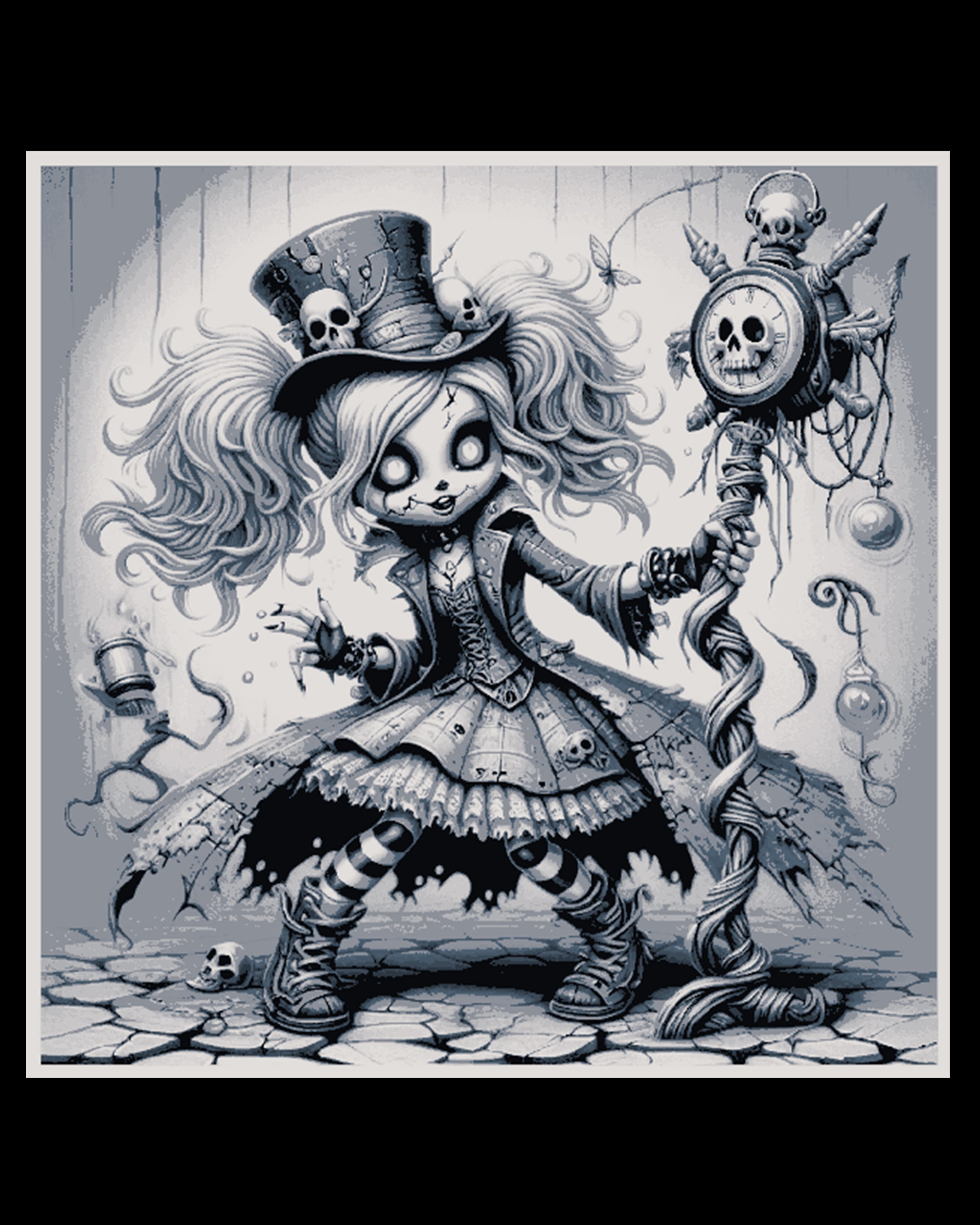 Black and white design of a slightly crazy playfull doll at work - hueforge art 3d model