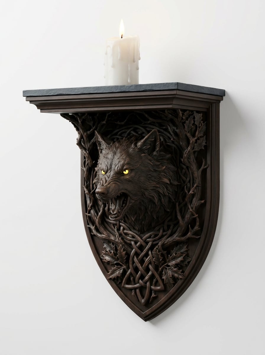 Gothic Werewolf Shield Corbel - Mythical Direwolf Floating Shelf 3D Print 3d model