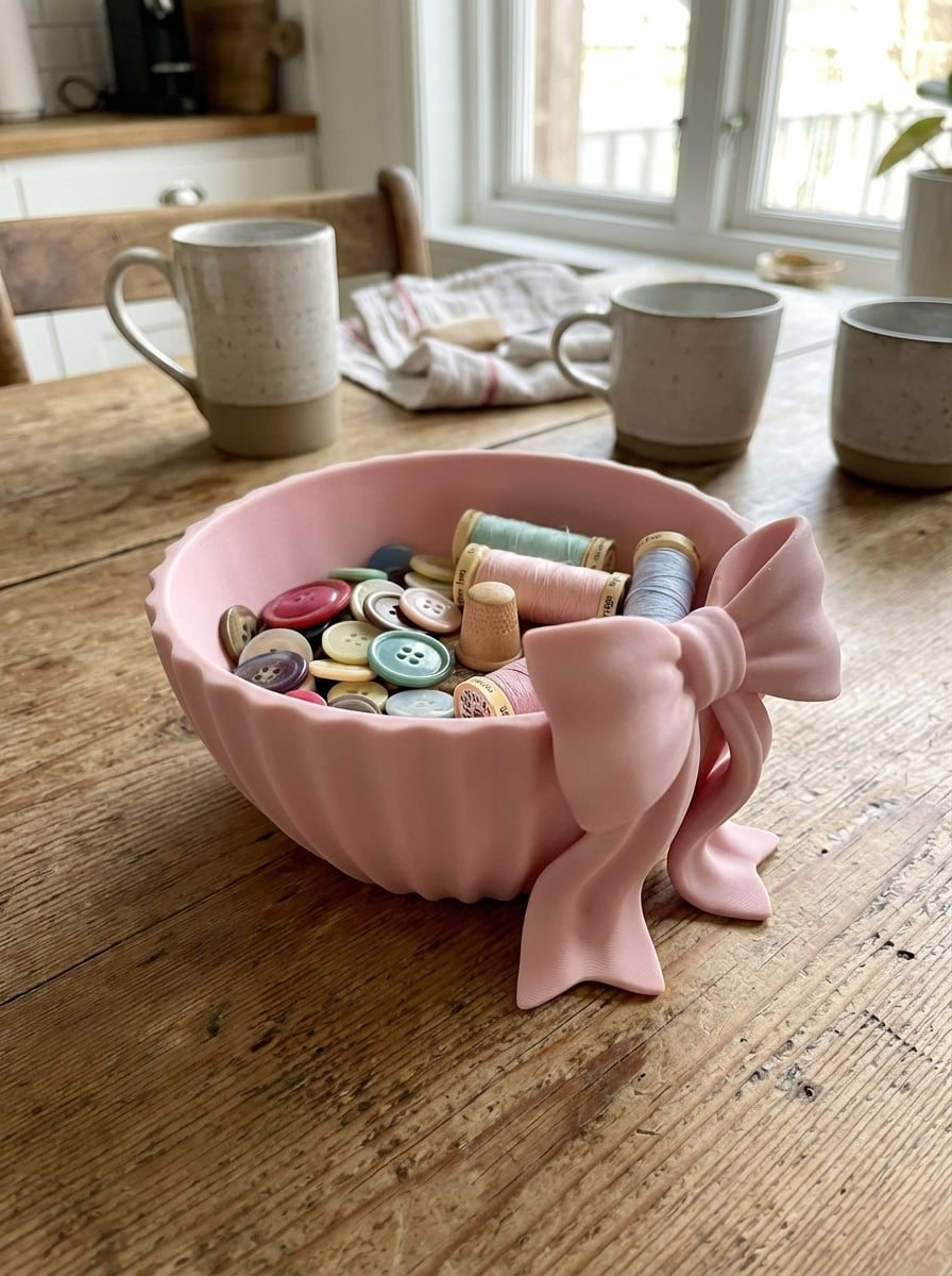 Coquette Ribbon Bow Fluted Organizer Bowl - Decorative Scalloped Trinket Dish 3d model