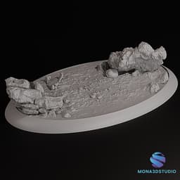Oval Miniature Base with Rocks and Skull – 67x38mm Presupported 3d model