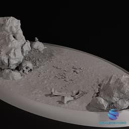 Oval Miniature Base with Rocks and Skull – 67x38mm Presupported 3d model