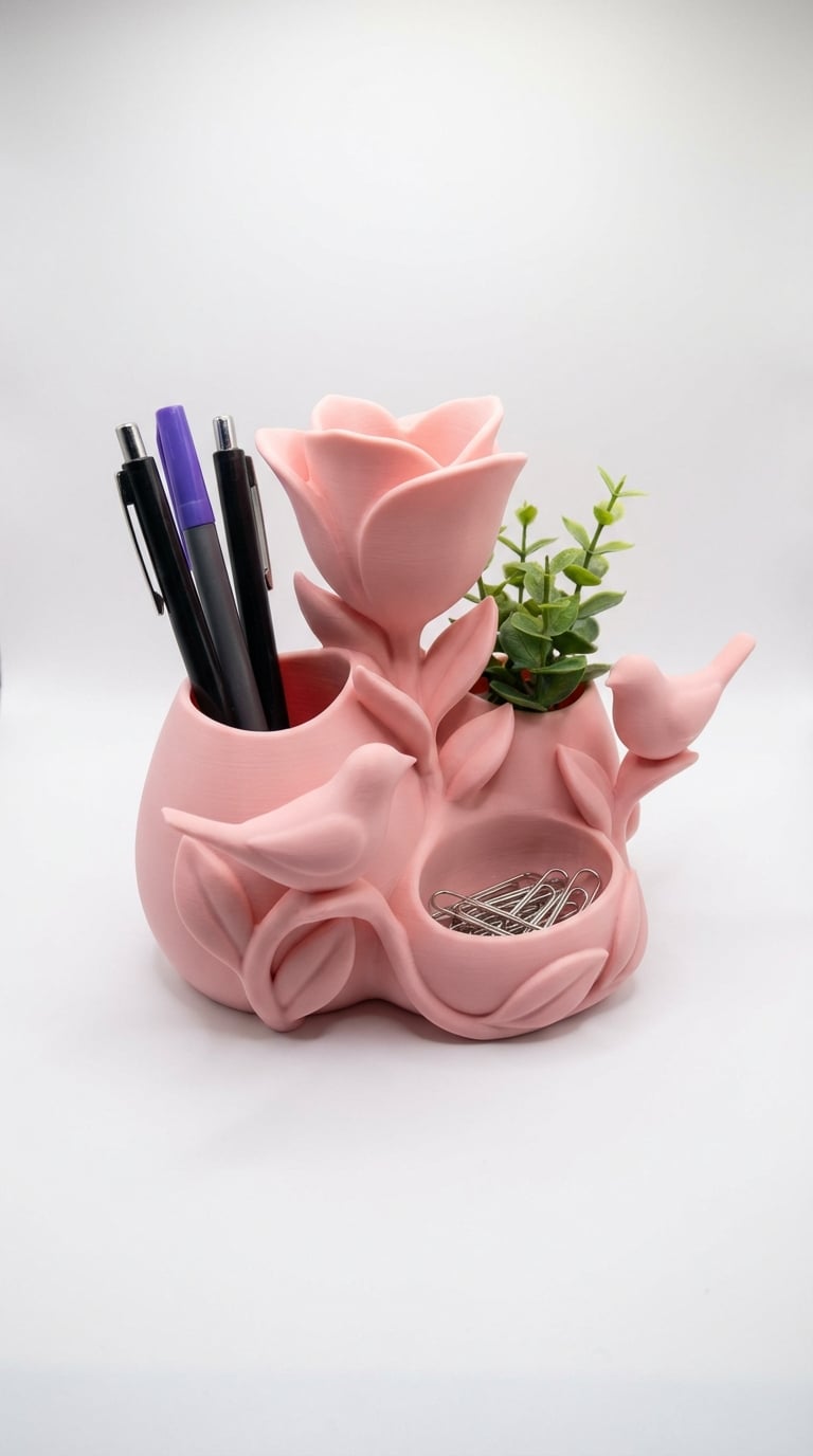 Sculptural Rose and Songbird Desk Organizer | Floral Spring Decor 3d model
