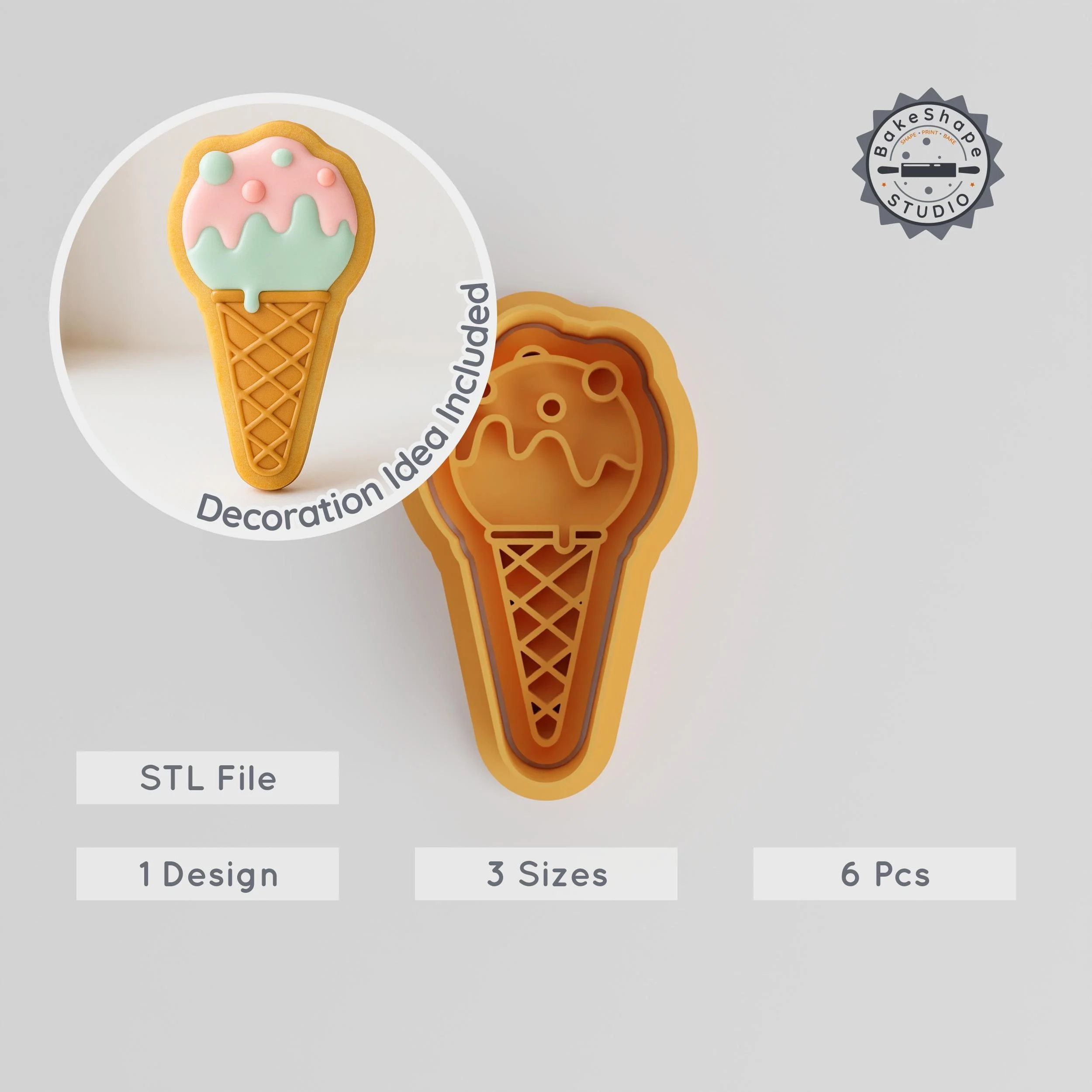 Ice Cream Cone Shape Cutter & Stamp, Cookie & Fondant Set, 6-Piece Bundle, S/M/L Sizes, Frozen Treat Dessert Design PRODUCT_1061 3d model