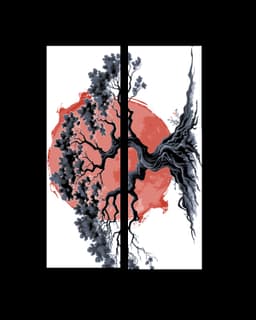 A set of bookmarks of the tree of life set against a blood red sun 3d model