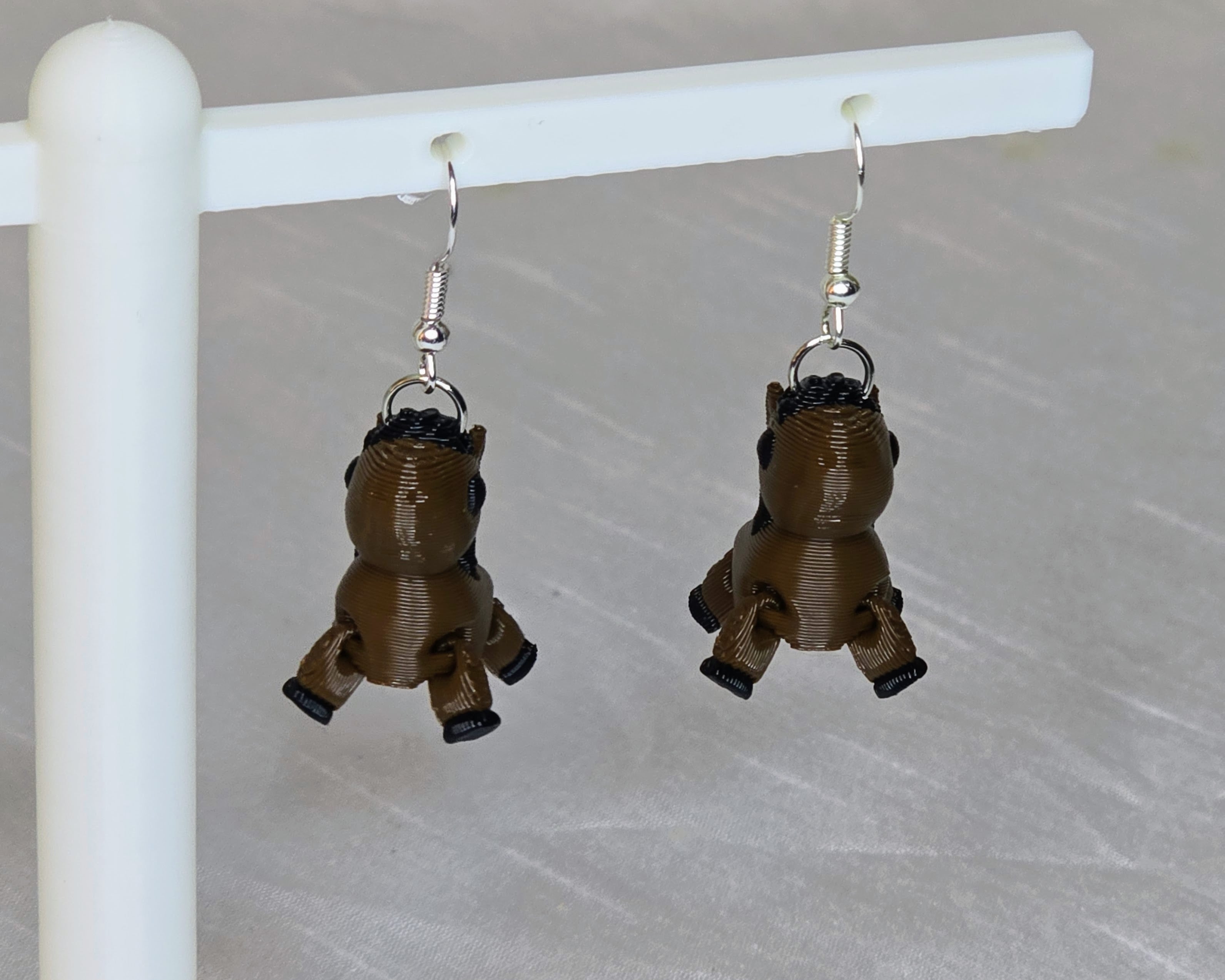 Super cute Little Horse Earrings. In PolyLite Brown and Bambu Black.