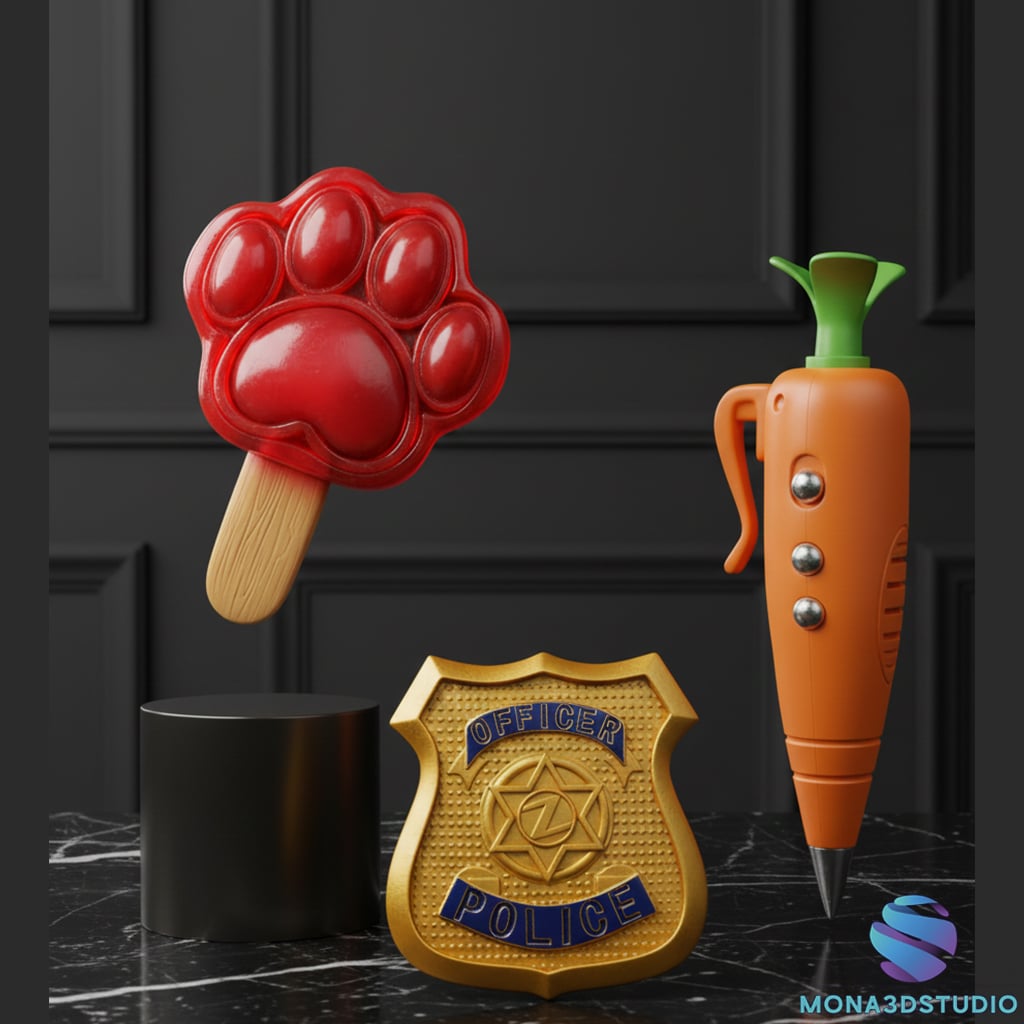 Zootopia Props STL - Police Badge, Carrot Pen & Pawpsicle 3d model
