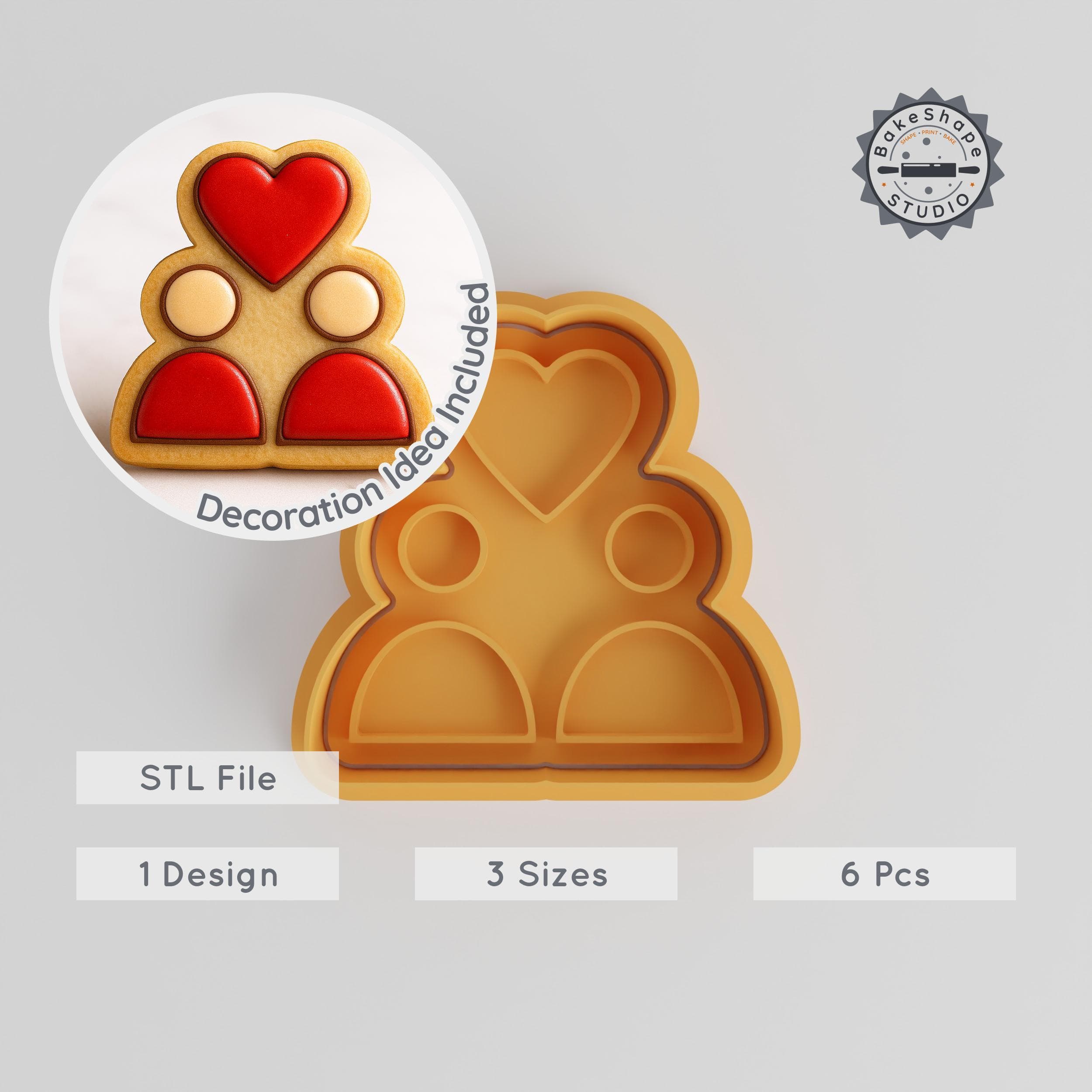 Lovers Shape Cutter & Stamp Set, Cookie & Fondant Tool, Adoring Couple, 3 Sizes, S/M/L, 6 Piece Collection PRODUCT_226 3d model