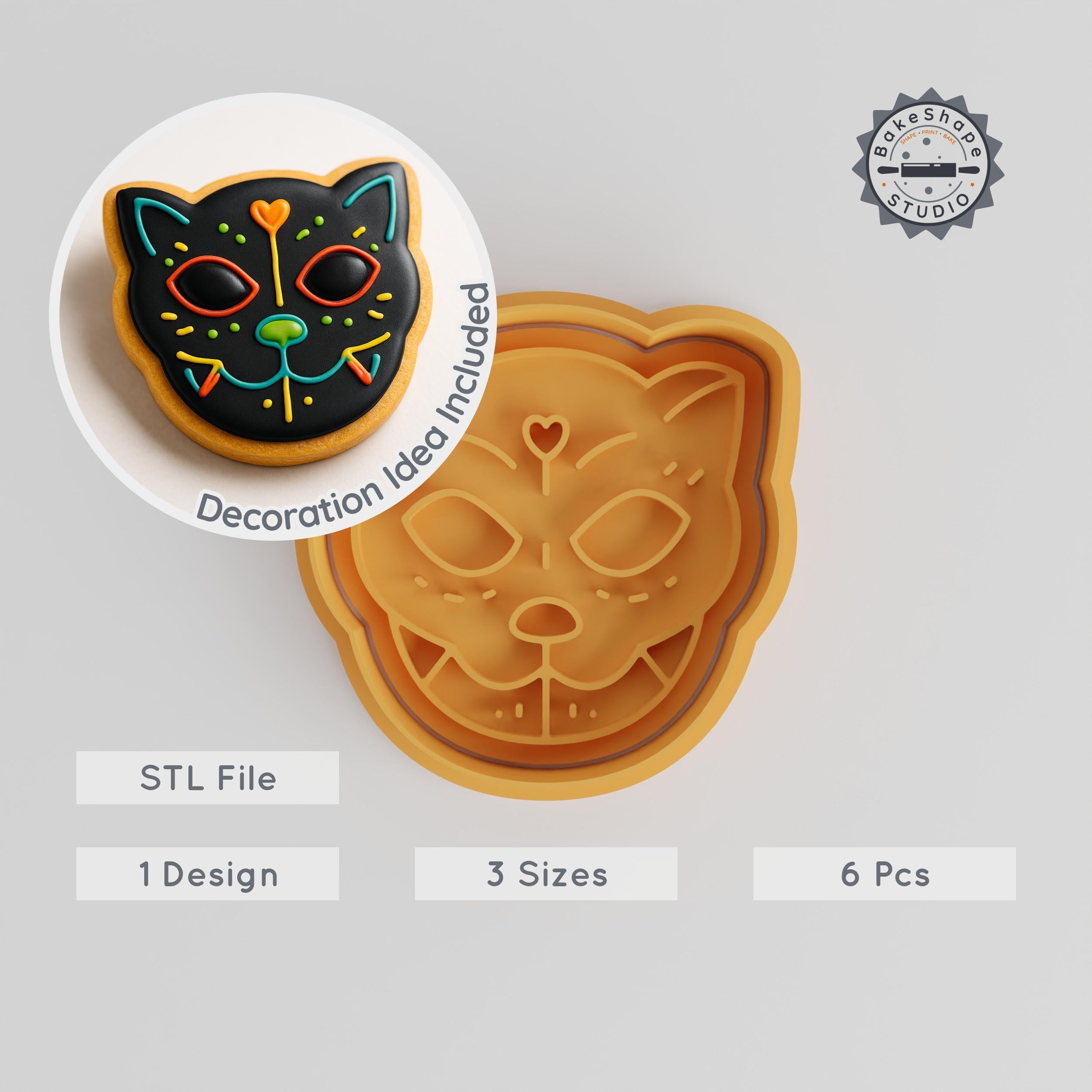 Day of the Dead Cat Cutter & Stamp Set, Sugar Skull Cat Cookie Decoration, 6-Piece Calavera Kitty Fondant Mold Sizes S M L PRODUCT_927 3d model