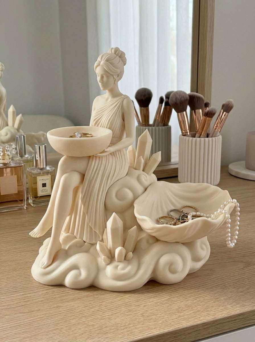 Goddess Jewelry Throne - Ethereal Maiden Trinket Dish with Crystal Accents and Scalloped Shell Basin 3d model