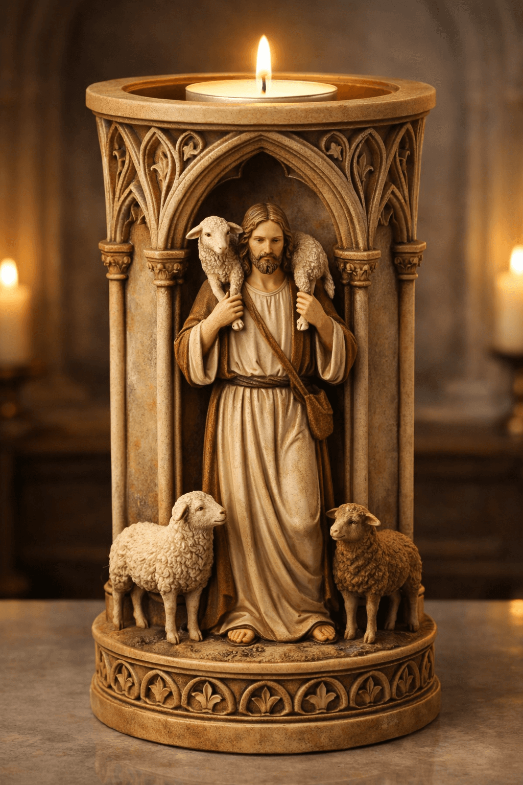 The Good Shepherd Gothic Tealight Holder STL – Jesus & Lamb Christian Candle Decor 3d model