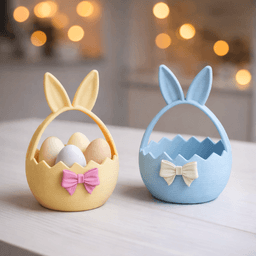 3D Easter Basket | Bunny Ears Ribbon Figure | Cracked Egg Holder | Spring Table Decor 3d model