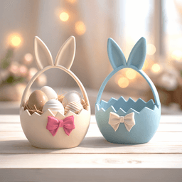3D Easter Basket | Bunny Ears Ribbon Figure | Cracked Egg Holder | Spring Table Decor 3d model