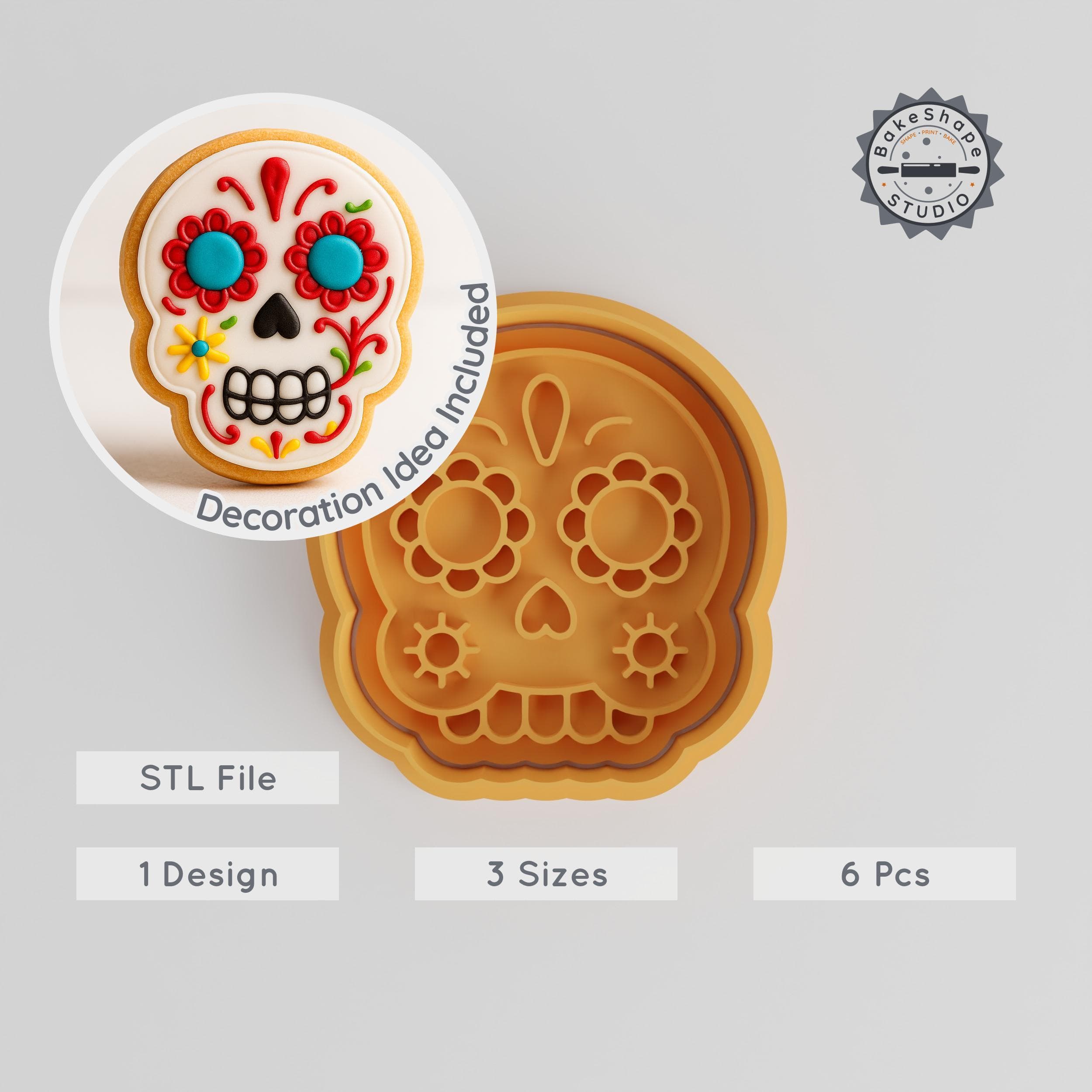 Skull Mask Cookie Cutter & Stamp Set, 3 Sizes, Perfect for Fondant, Day of the Dead Skull Design PRODUCT_953 3d model
