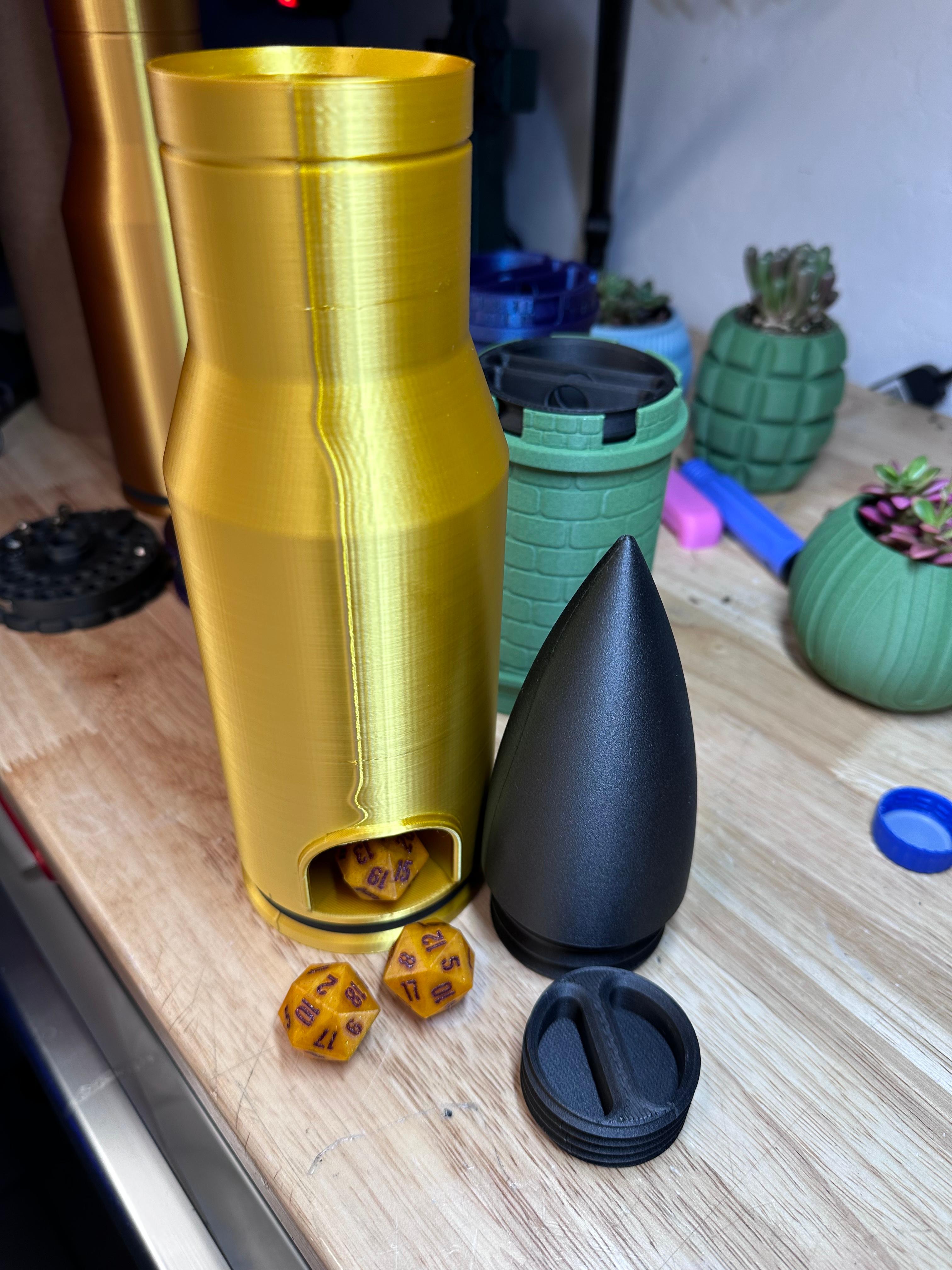 50 CALIBER DICE TOWER - LARGE ARTILLERY SHELL THAT IS ALSO A DICE TOWER AND STORAGE FOR THE ULTIMATE 3d model