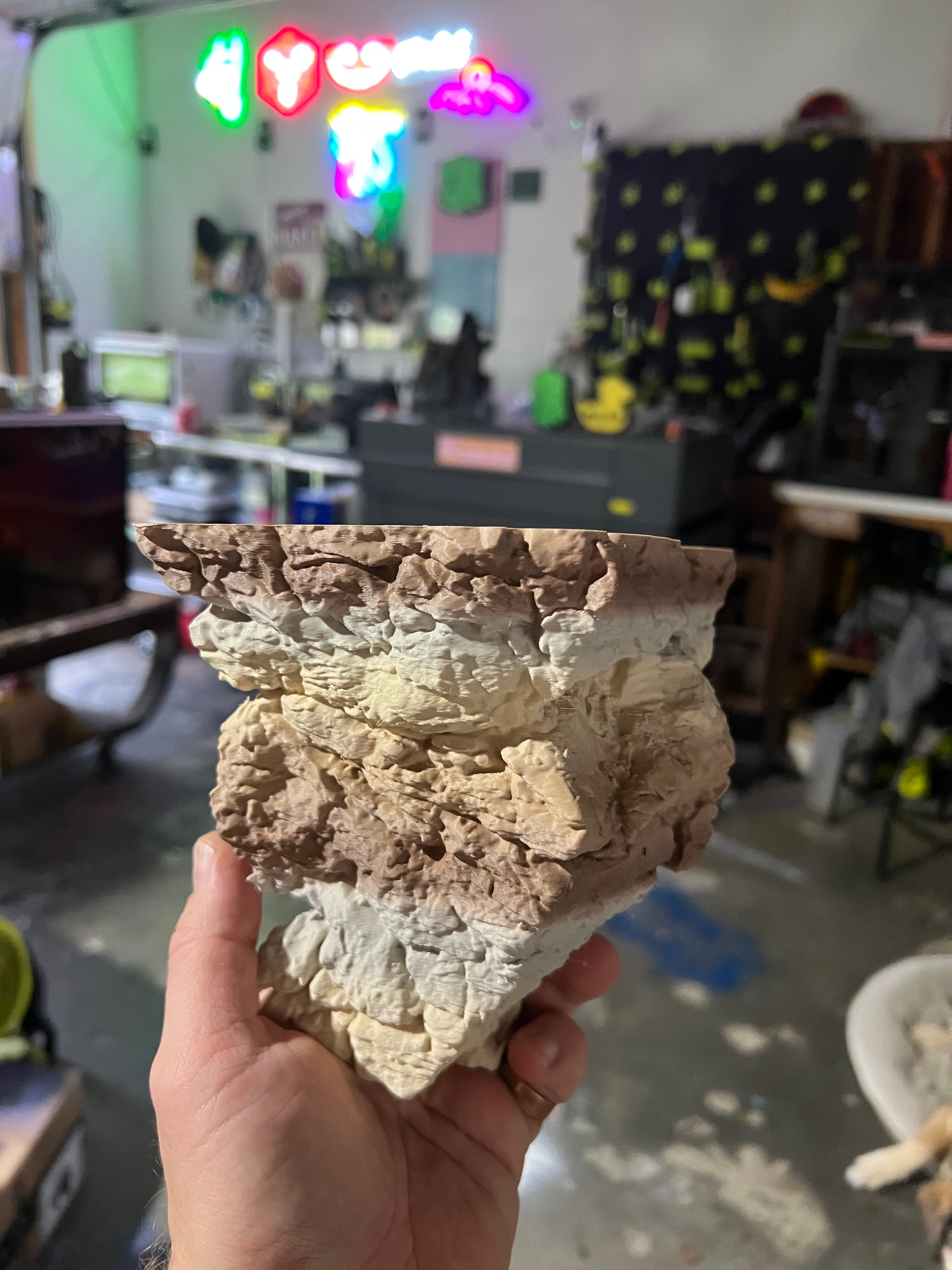 Overture Fossil PLA is perfect for this. I had to rotate it and print it ‘top down’ to make the striations run correctly, but that added minimal supports.