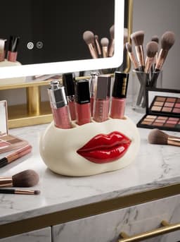 Glamorous Red Lips Makeup Organizer - Pop Art Ceramic-Style Lipstick & Brush Holder 3d model