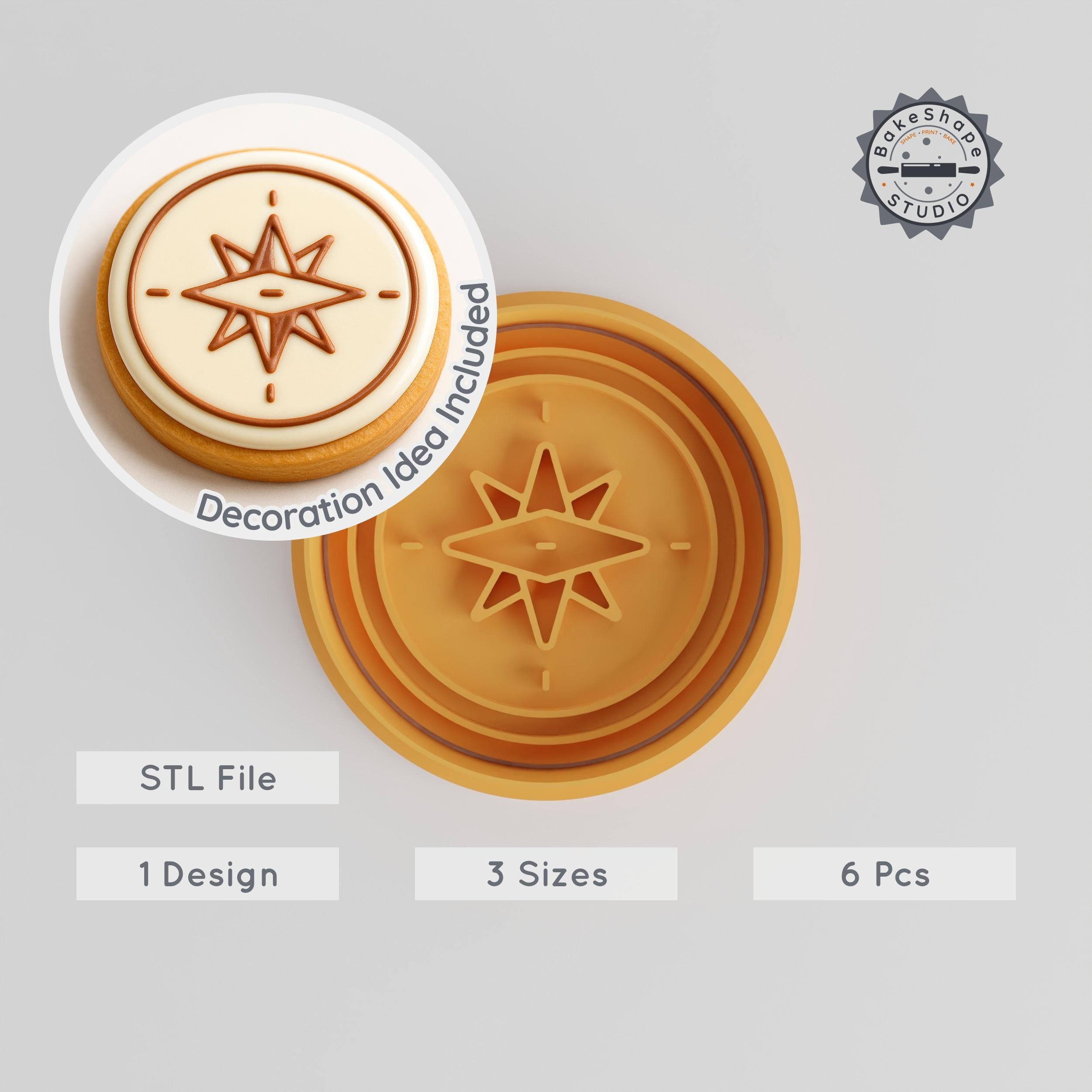 Compass Shape Cutter & Stamp, Cookie & Fondant Tool Set, 3 Sizes, 6 Piece Exploration Collection PRODUCT_1097 3d model