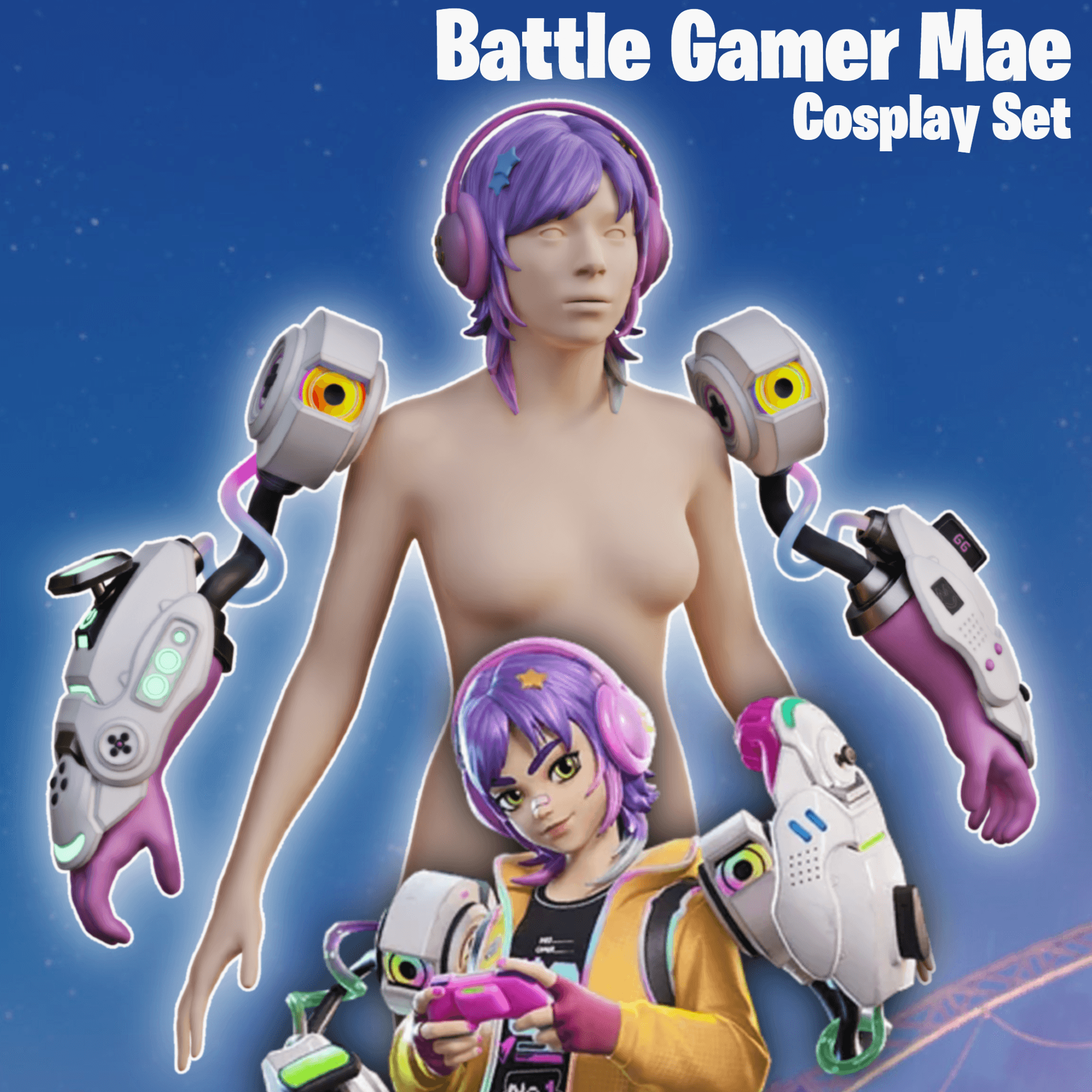 Battle Gamer Mae Cosplay Robotic Hands and Head Accessories Fortnite 3d model