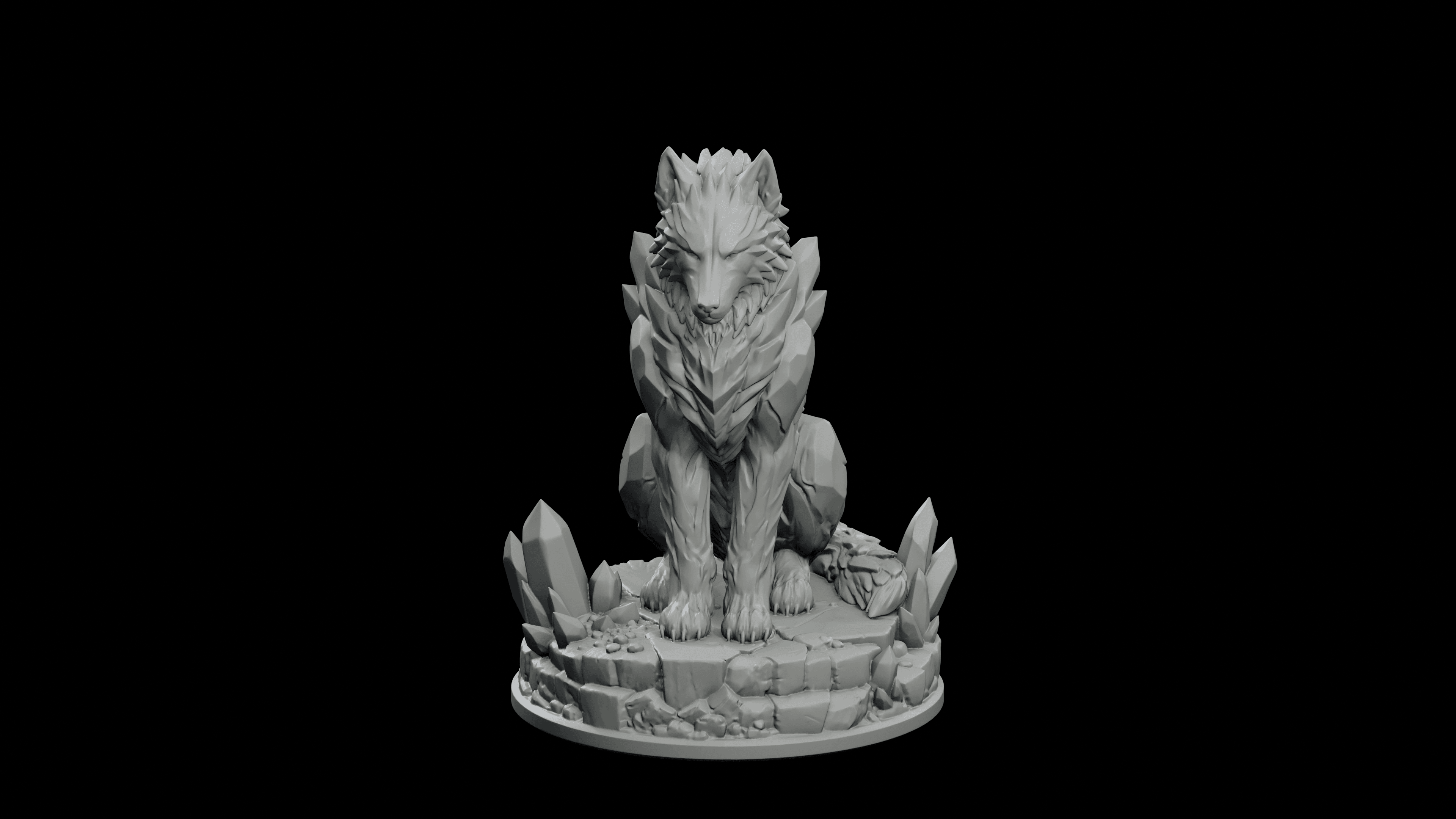 Obsidian Wolf Sentinel STL - Crystal Stone Guardian Statue 3d model