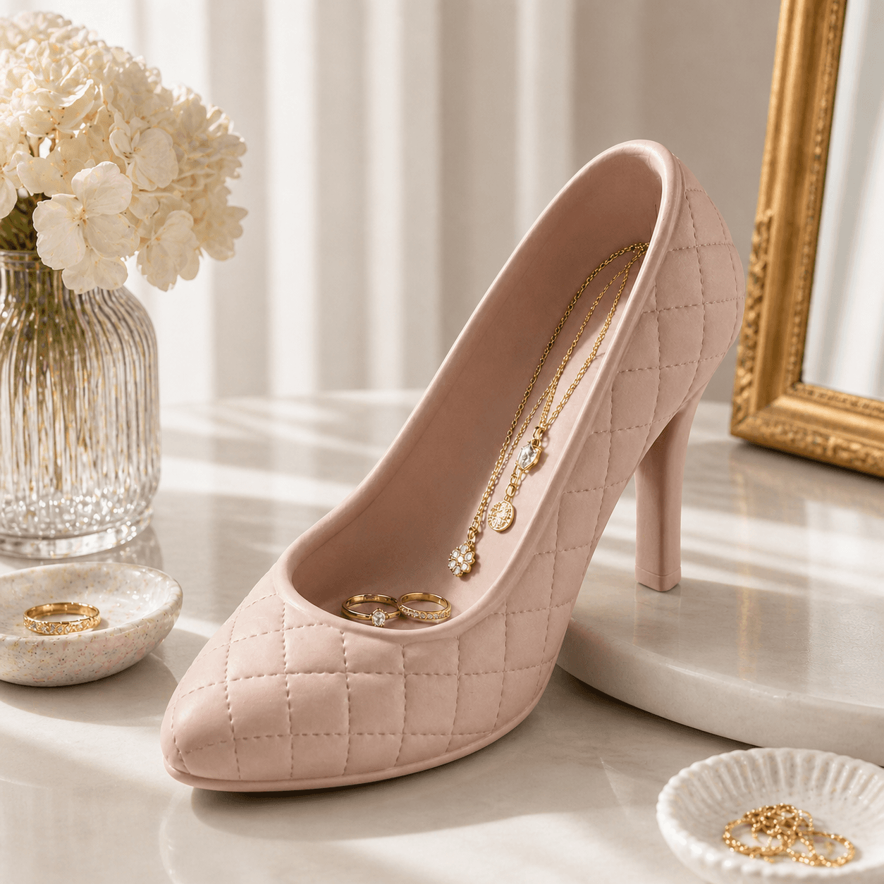 Quilted High Heel Jewelry Dish STL – Fashion Ring Holder & Vanity Organizer 3d model