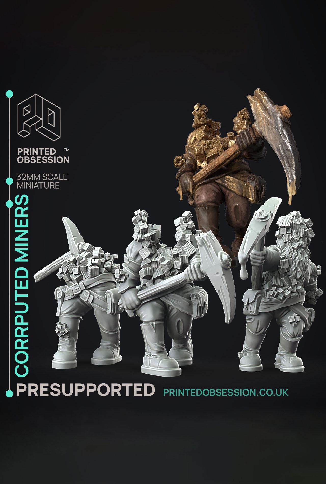 Corrupted Dwarf Miners - Flesh of Gold - PRESUPPORTED - Illustrated and Stats - 32mm scale			 3d model