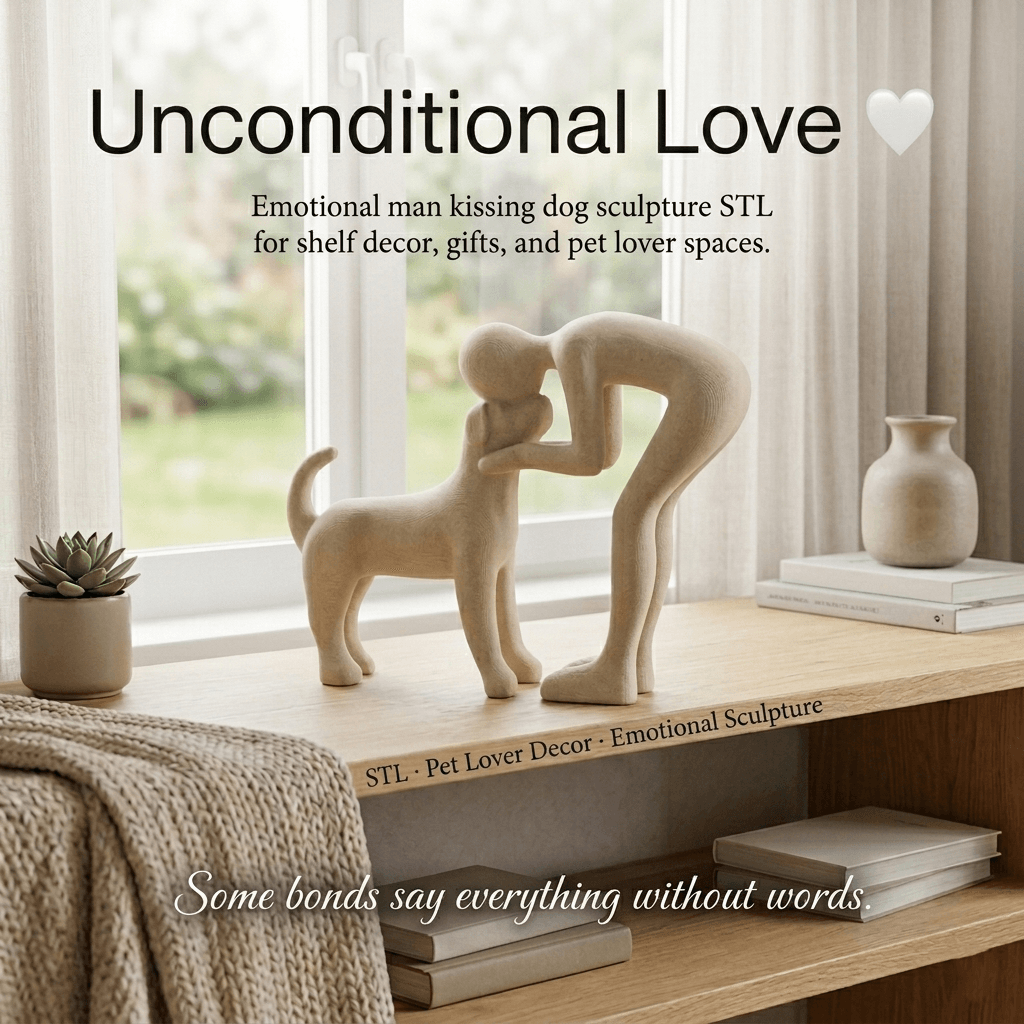Man Kissing Dog Sculpture – STL File or 3D Printed Emotional Pet Lover Gift 3d model