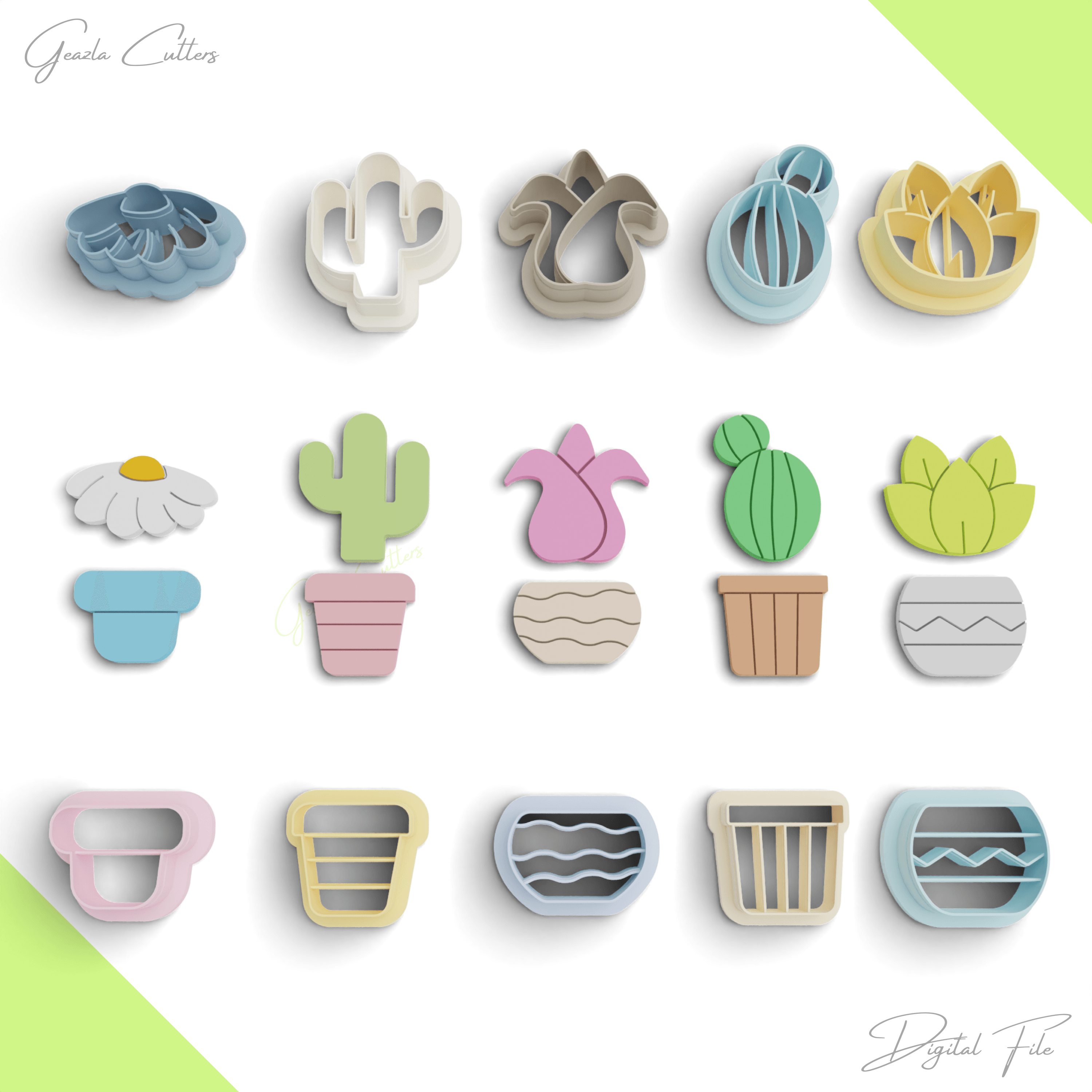 Indoor Potted Plants Polymer Clay Cutter Pack, 10 Models, 2 Cutter Version, 5 Size, No: 1140 3d model