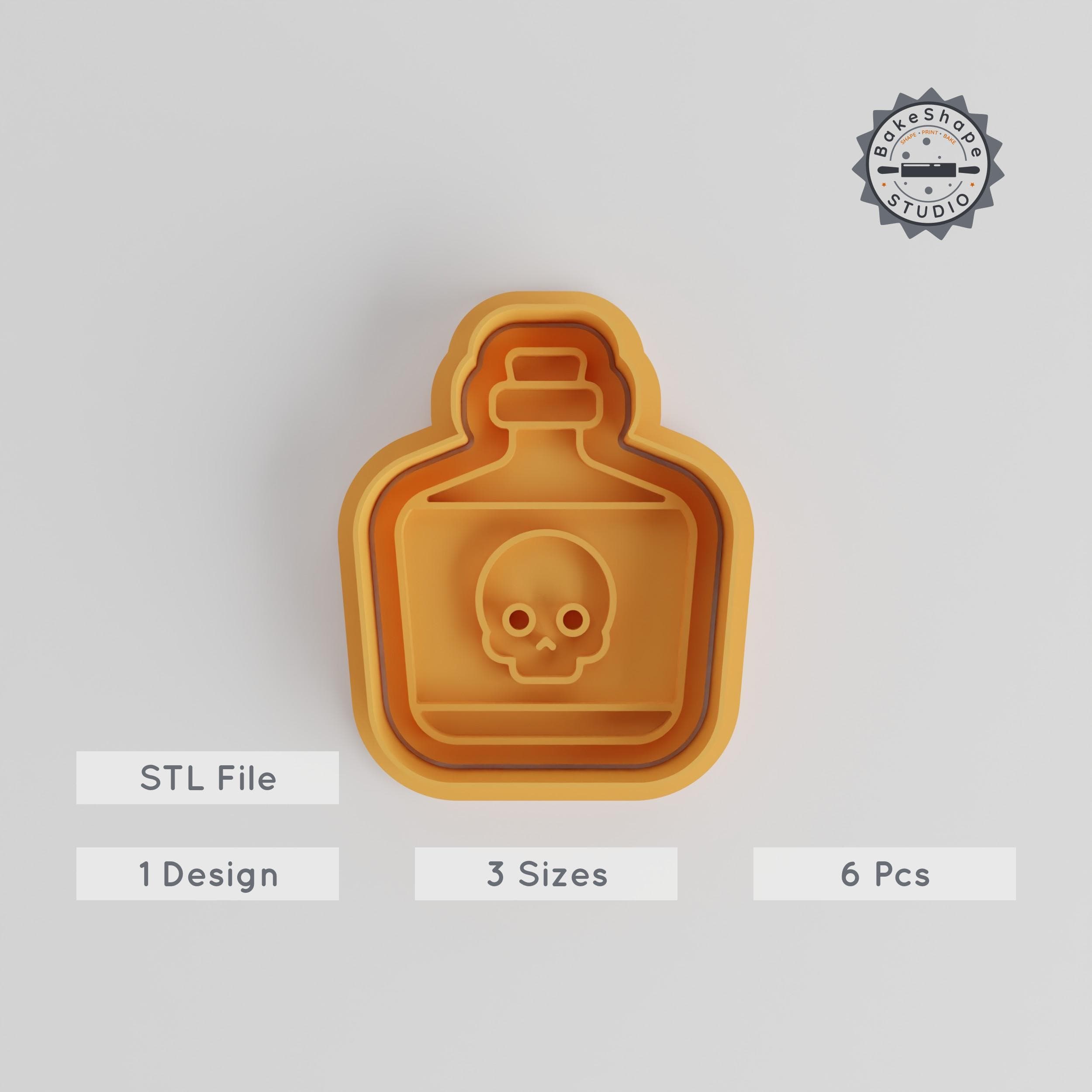 Poison Bottle Cookie Cutter & Stamp Set, Toxic Flask, Spooky Elixir, Fondant Decor, 6 Pieces, 3 Sizes, Scary Baking Tools PRODUCT_3444 3d model