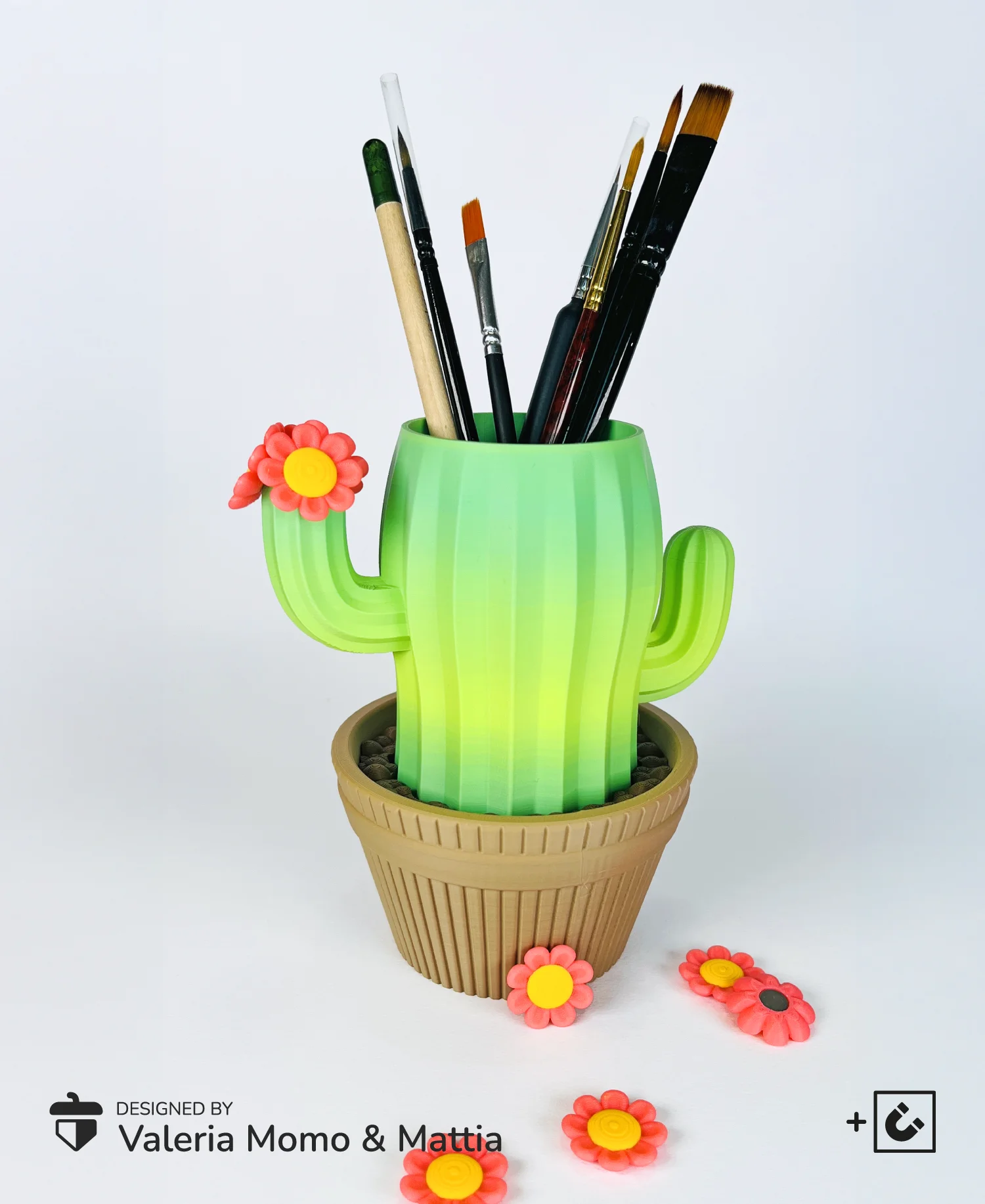 Cactus Desk Organizer, Desk, Magnetic Flowers (Optional) 3d model