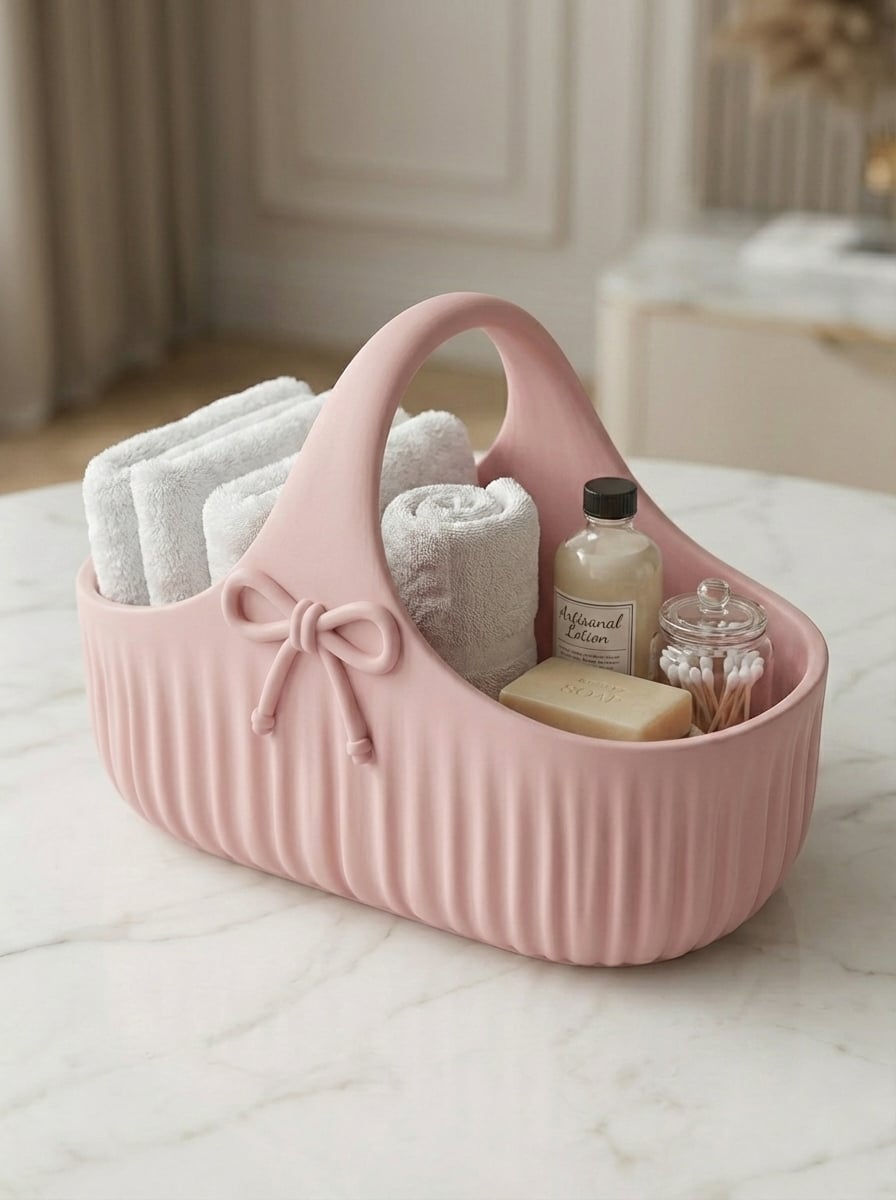 Ribbed Bow Vanity Caddy - Elegant Aesthetic Bathroom & Desk Organizer 3d model