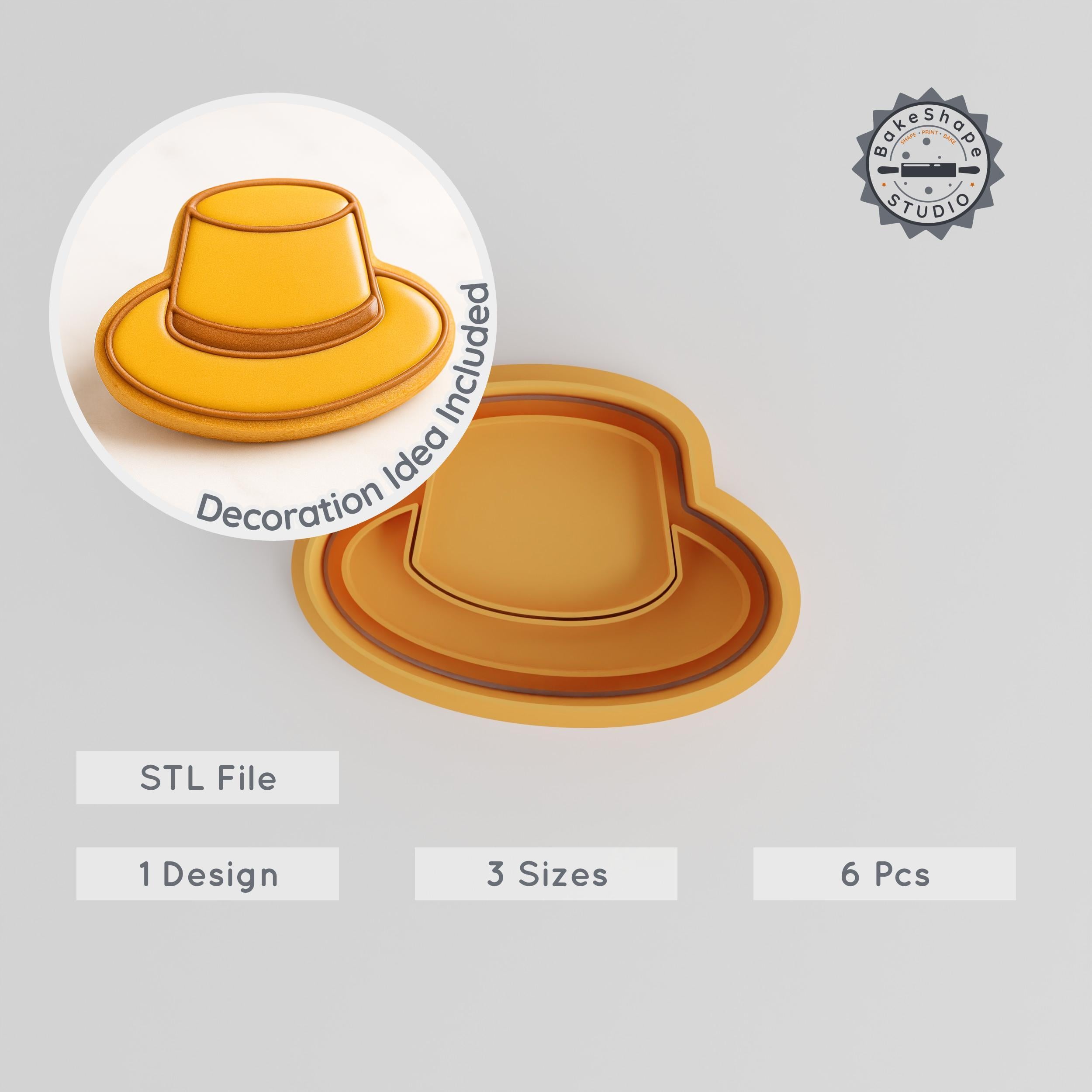 Hat Shape Cutter & Stamp Set, 6-Piece Collection, Cookies & Fondant, Cowboy, Summer, Sun, Fedora, S/M/L Sizes PRODUCT_21 3d model
