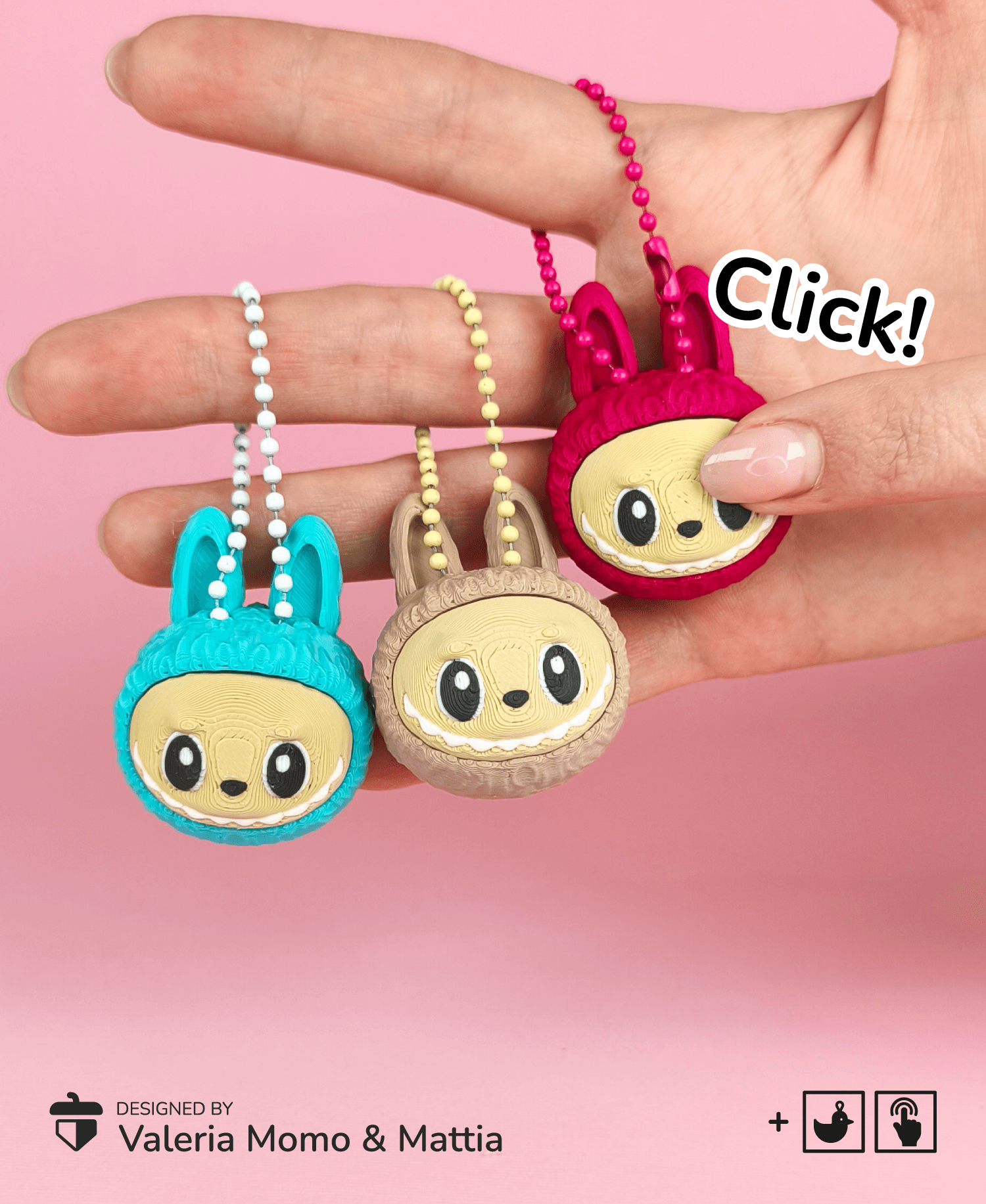 Labubu Clicker + Keychain, Print-in-Place & Print-in-Parts, Clicky Toy 3d model