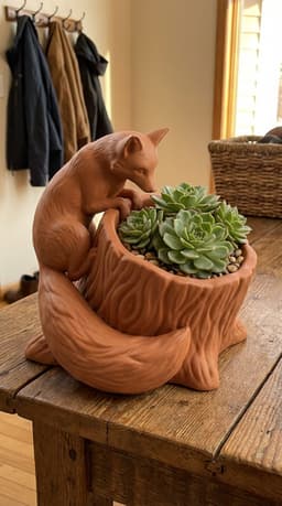 Curious Fox & Tree Stump Succulent Planter - Whimsical Woodland Home Decor 3d model
