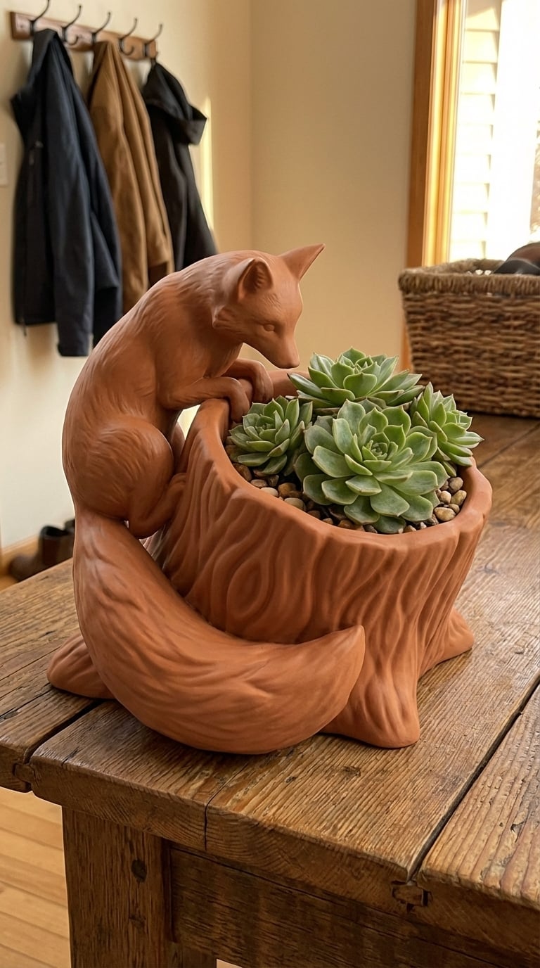 Curious Fox & Tree Stump Succulent Planter - Whimsical Woodland Home Decor 3d model
