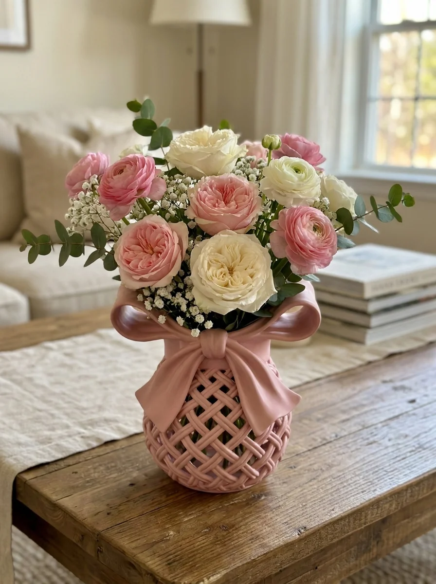 Coquette Bow Basket Flower Vase - Grandmillennial Woven Ribbon Table Decor 3d model