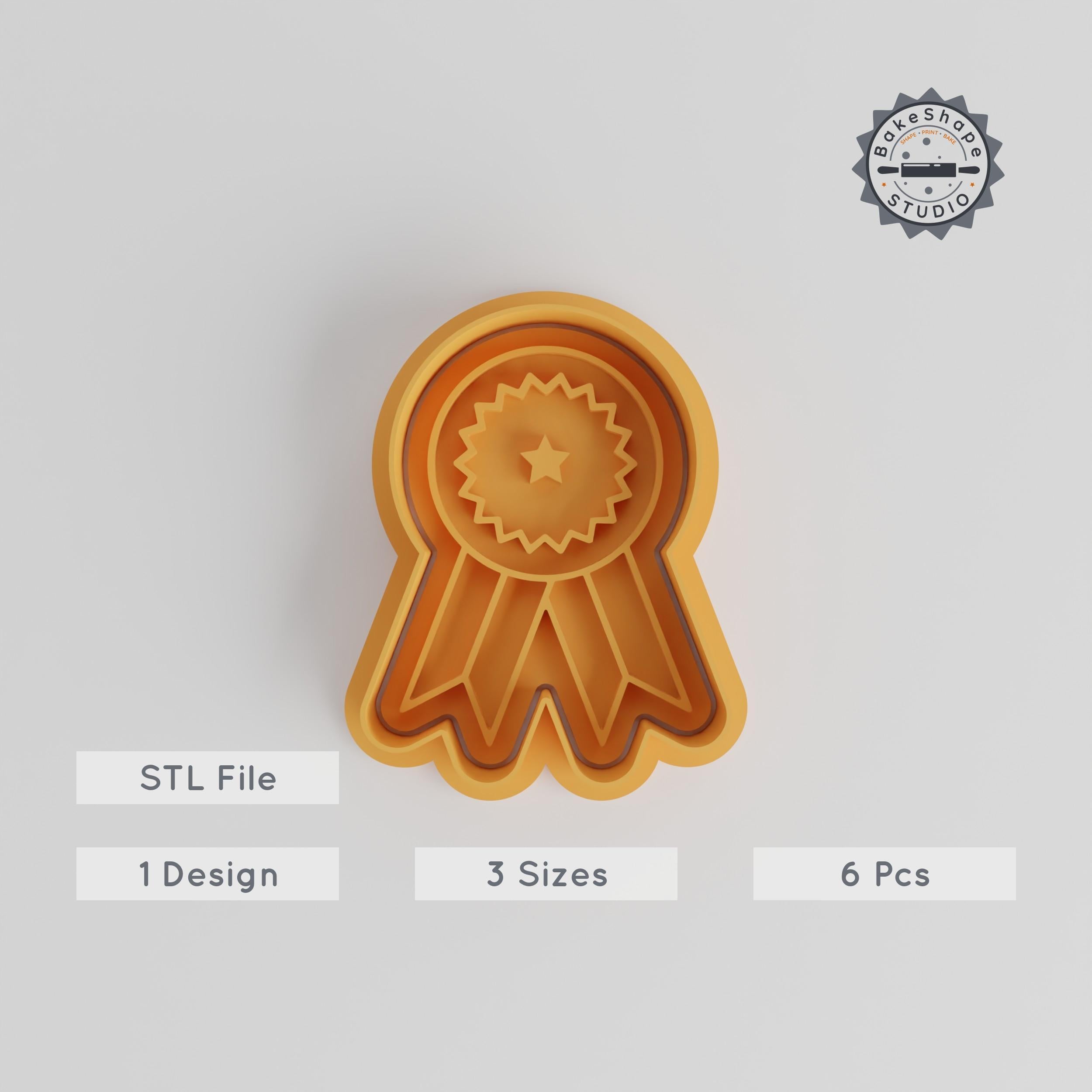 Ribbon Shape Cutter & Stamp, Award Medal Design, Cookie Fondant Decor, 3 Sizes S/M/L, 6 Piece Set PRODUCT_2944 3d model