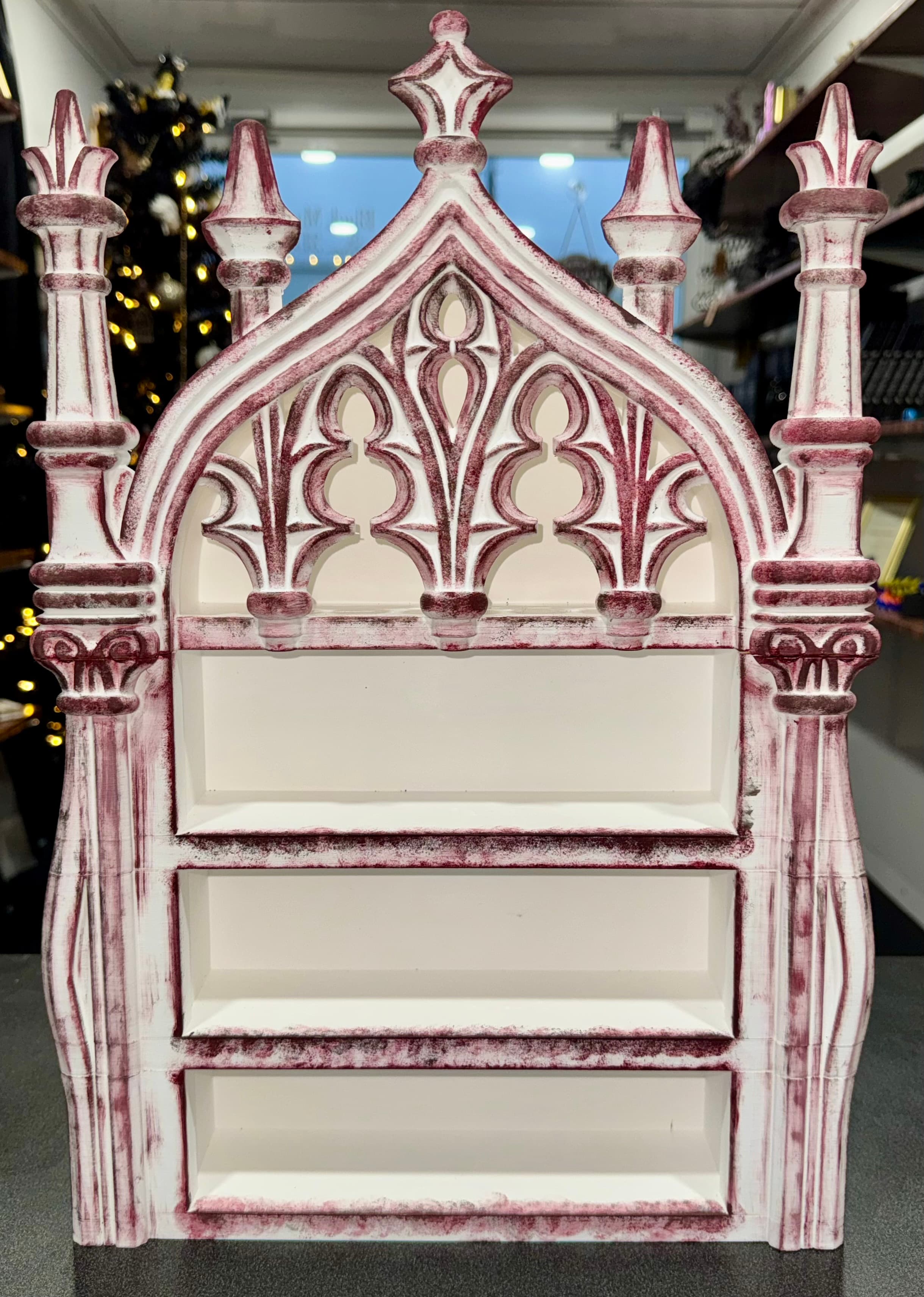 Hand-finished, one-of-a-kind transformation using this cathedral shelf as the foundation.
Your design inspired a fully realized art piece in my shop — thank you for creating such a beautiful base to build from. 🖤