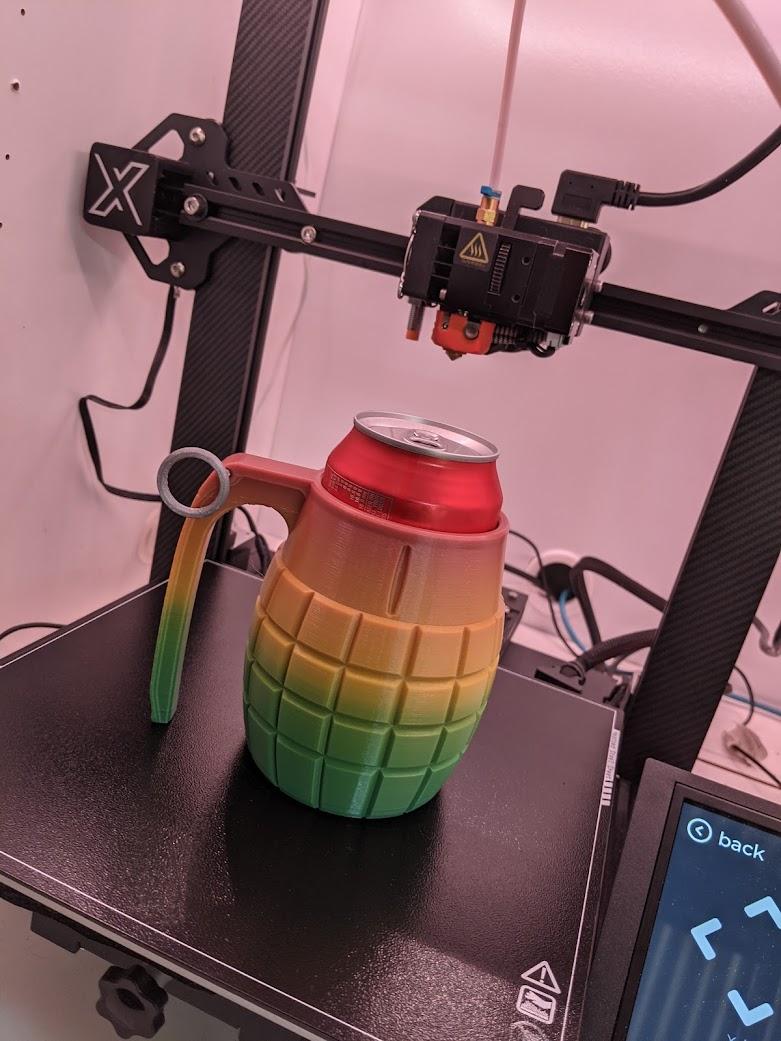 CAN GRENADE! - 12oz Can Cup  - Adds some size to the can but love the look.

SULU Rainbow PLA with a Prusament Galaxy Silver PLA pin. - 3d model