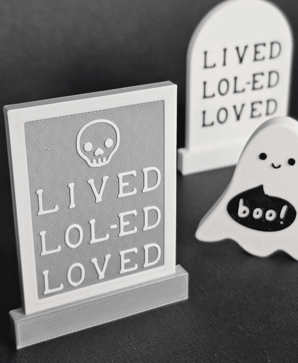 "LIVED LOL-ED LOVED" Funny Halloween Gravestone | Table Decor or Fridge Magnet | Rect Border Skull 3d model