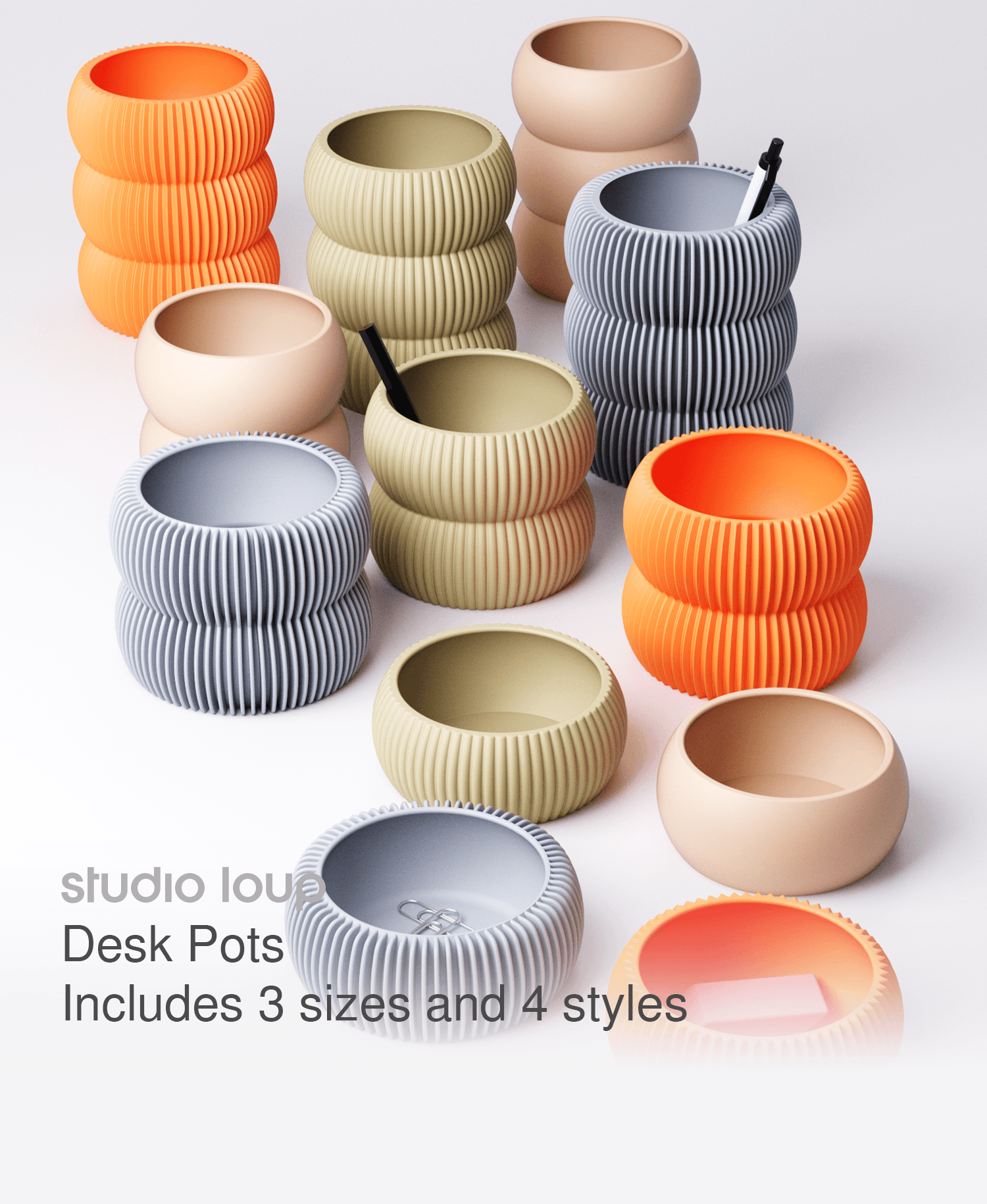 Desk Pot (Includes 3 sizes and 4 styles) 3d model