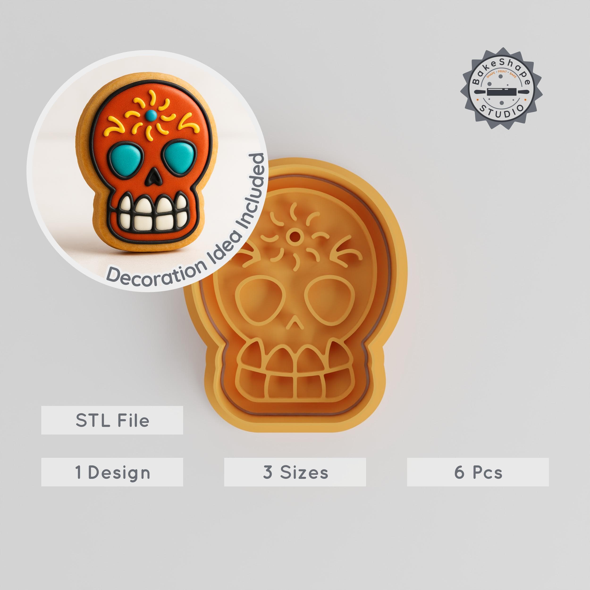 Skull Shape Cutter & Stamp, Cookie & Fondant Decor Set, Day of the Dead, Memento Mori, 3 Sizes PRODUCT_943 3d model