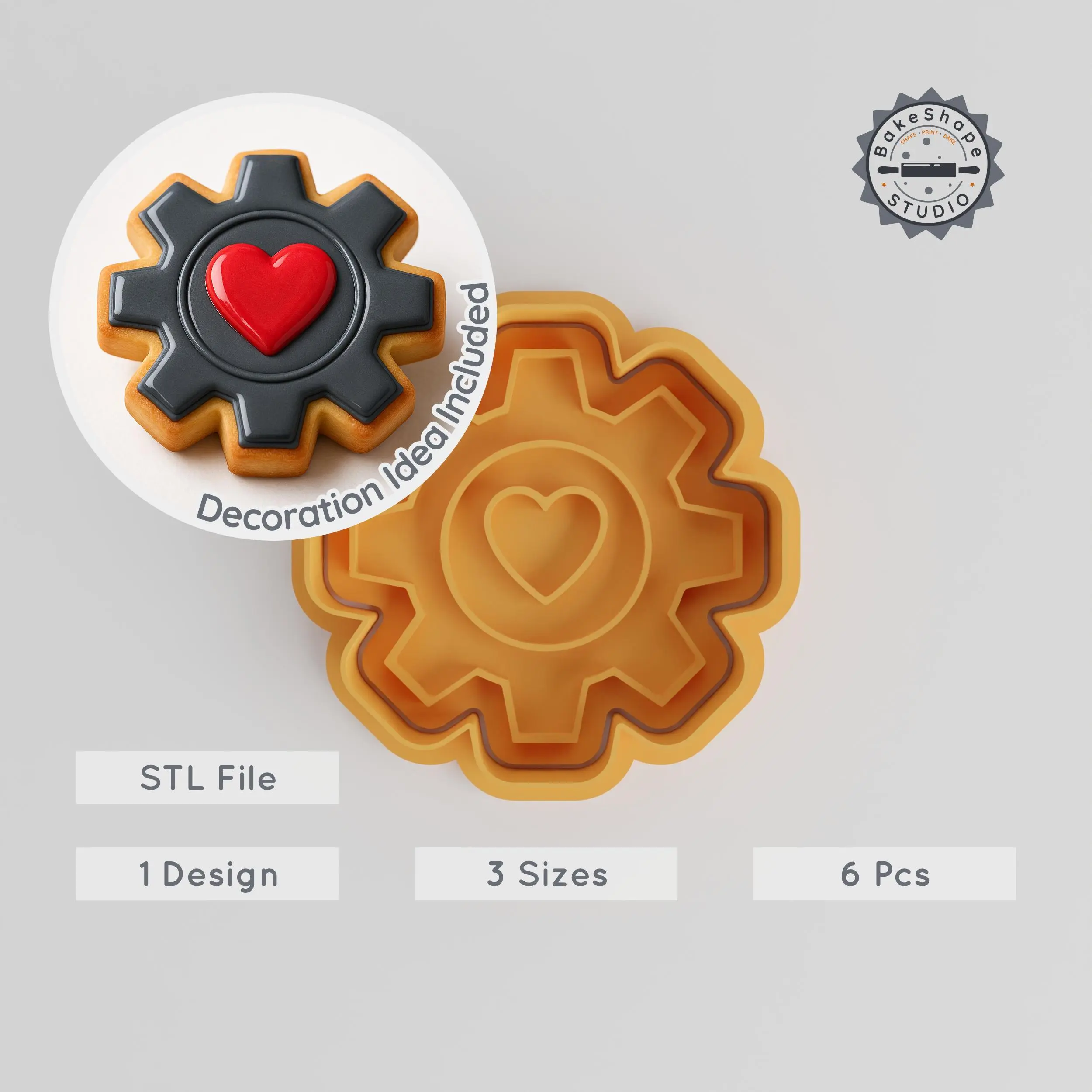 Gear Heart Shape Cutter & Stamp, Cookie & Fondant Decor, 3 Sizes, 6-Piece Set PRODUCT_209 3d model
