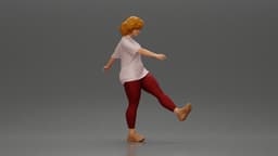 Woman in casual outfit joyfully kicks her leg with energy 3d model