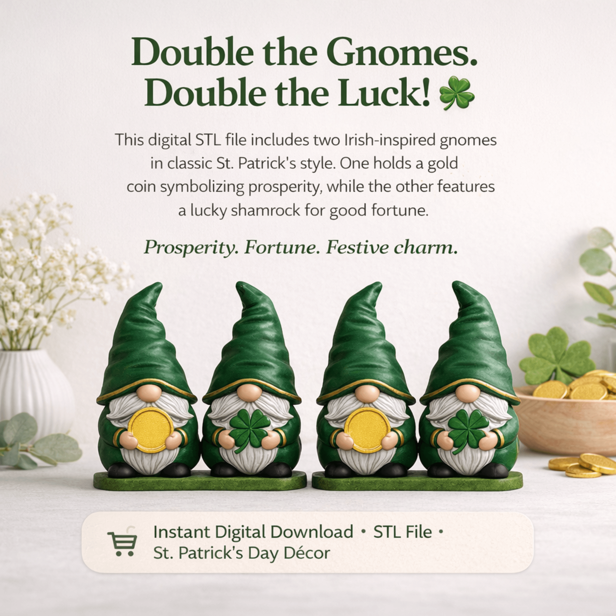 St. Patrick’s Day STL File – Irish Gnome Set with Gold Coin and Shamrock-Lucky Decor Figurine 3d model