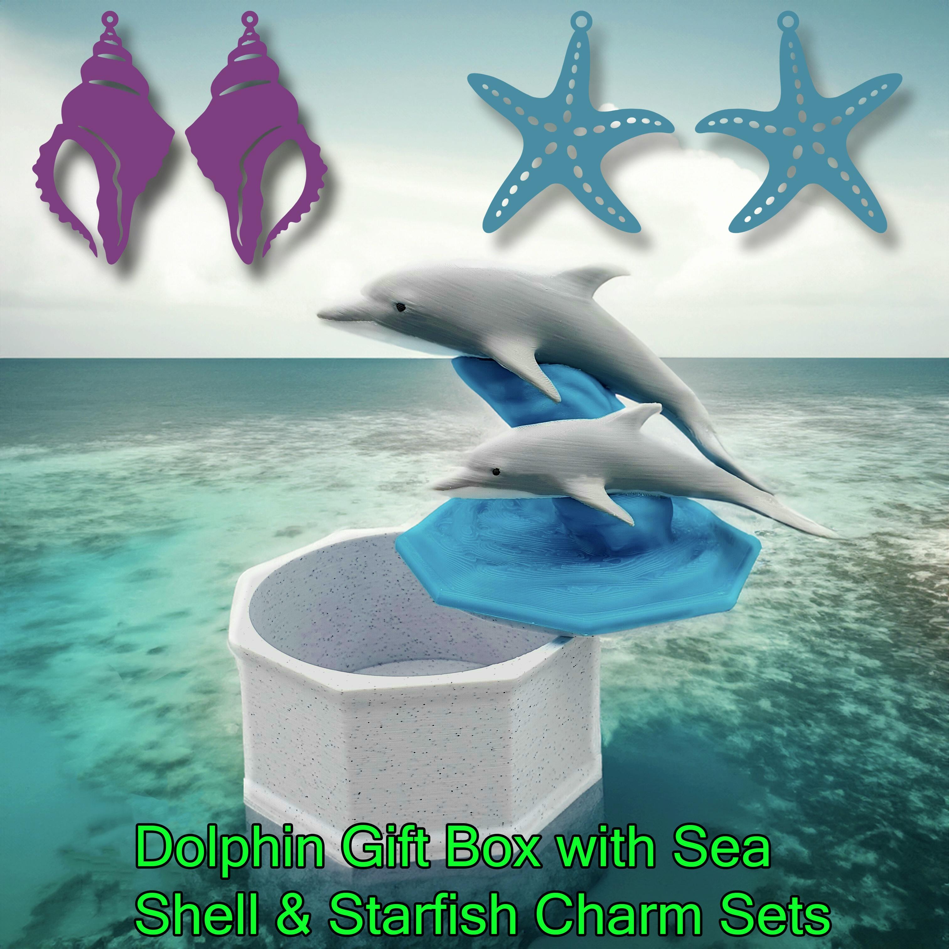 Dolphin Gift Box with Starfish and Shell Earrings, Pendants, Keychains, Springtime Jewelry 3d model