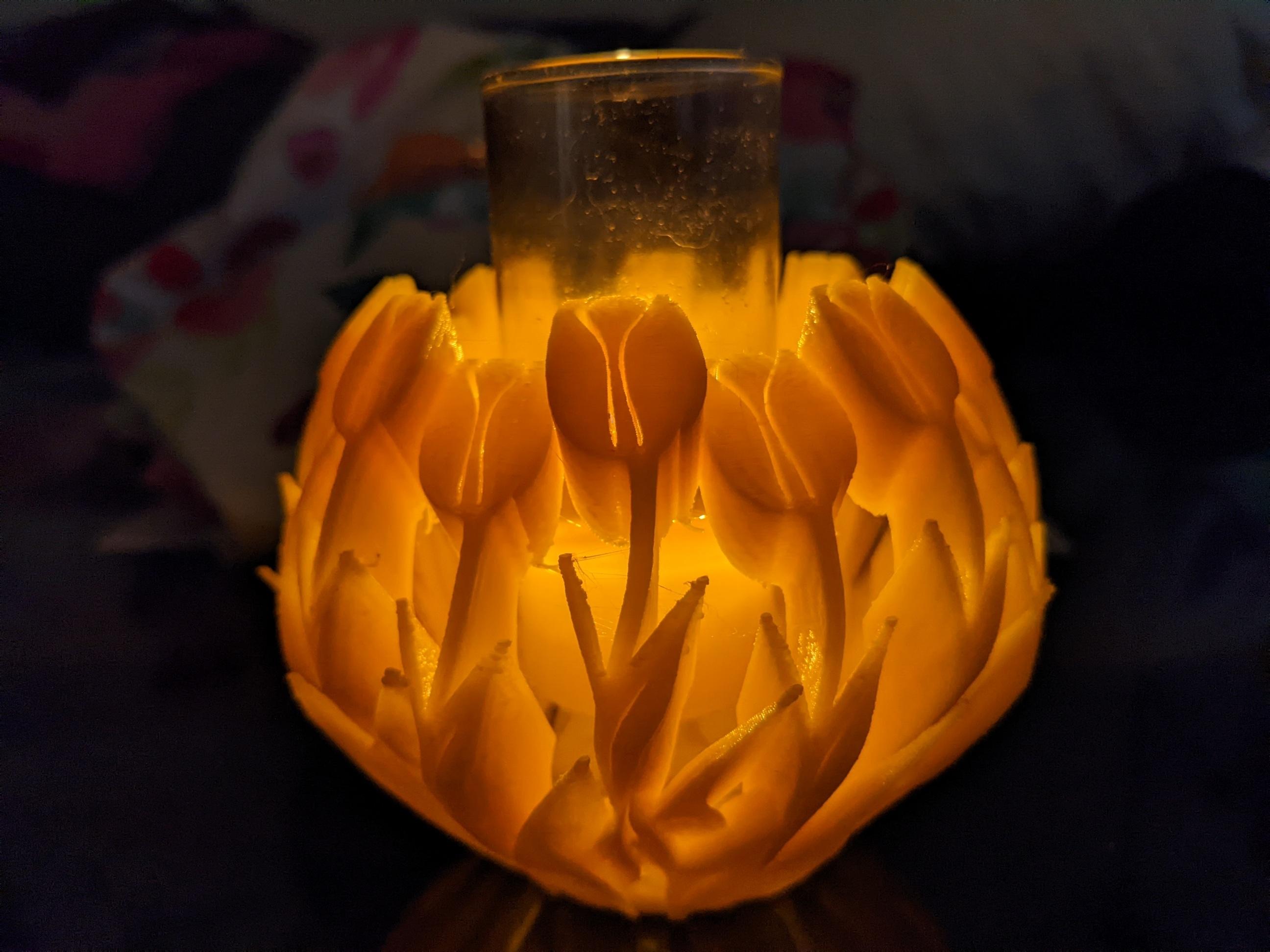 Spring Tulip Bowl - In the center of this Matterhackers Yellow PLA Sprint Tulip Bowl is a tall slender candle. I didnt want one that was any lower than the model because PLA melts so easily. Although the candle could be a little shorter. - 3d model