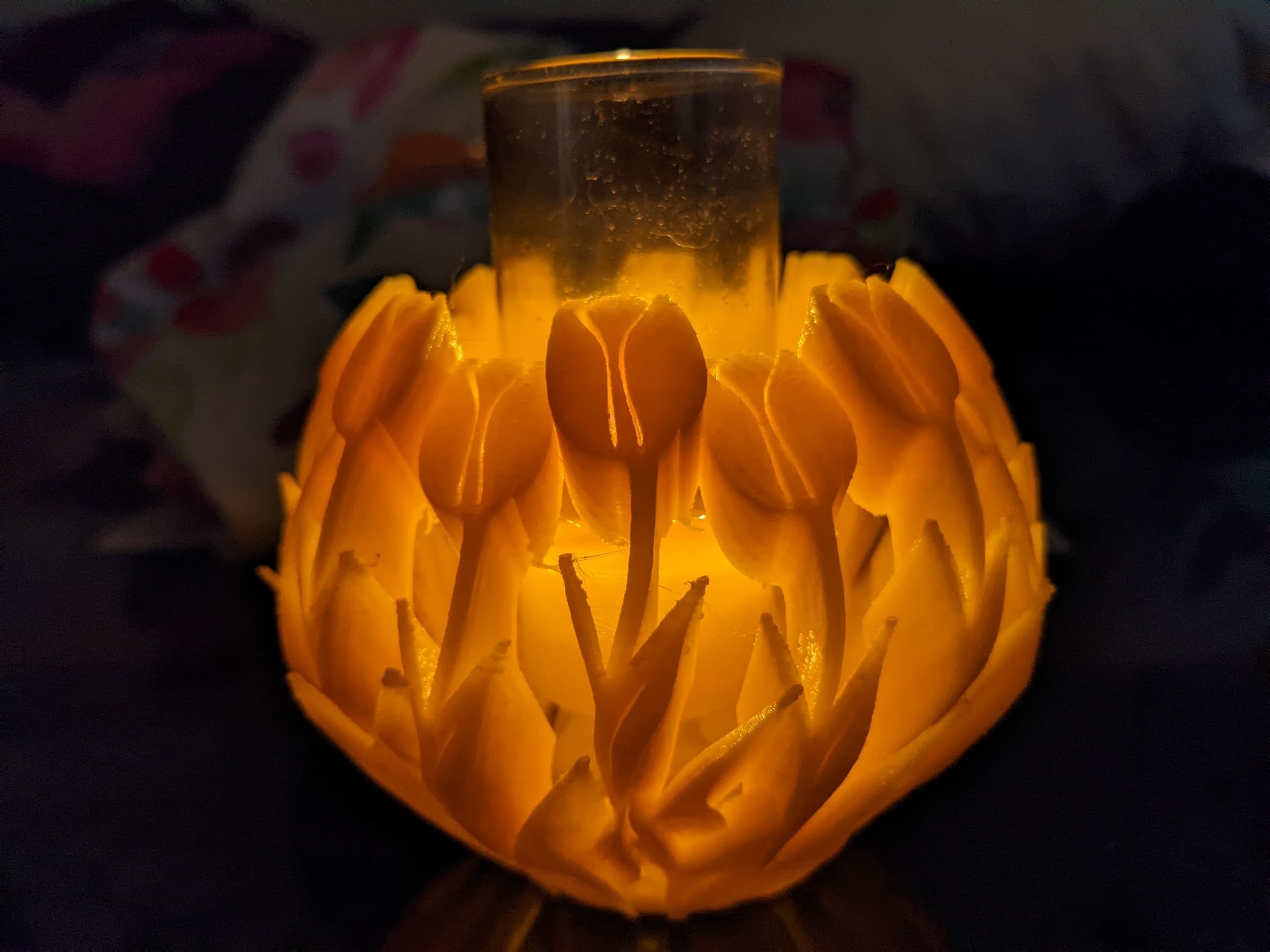 In the center of this Matterhackers Yellow PLA Sprint Tulip Bowl is a tall slender candle. I didnt want one that was any lower than the model because PLA melts so easily. Although the candle could be a little shorter.