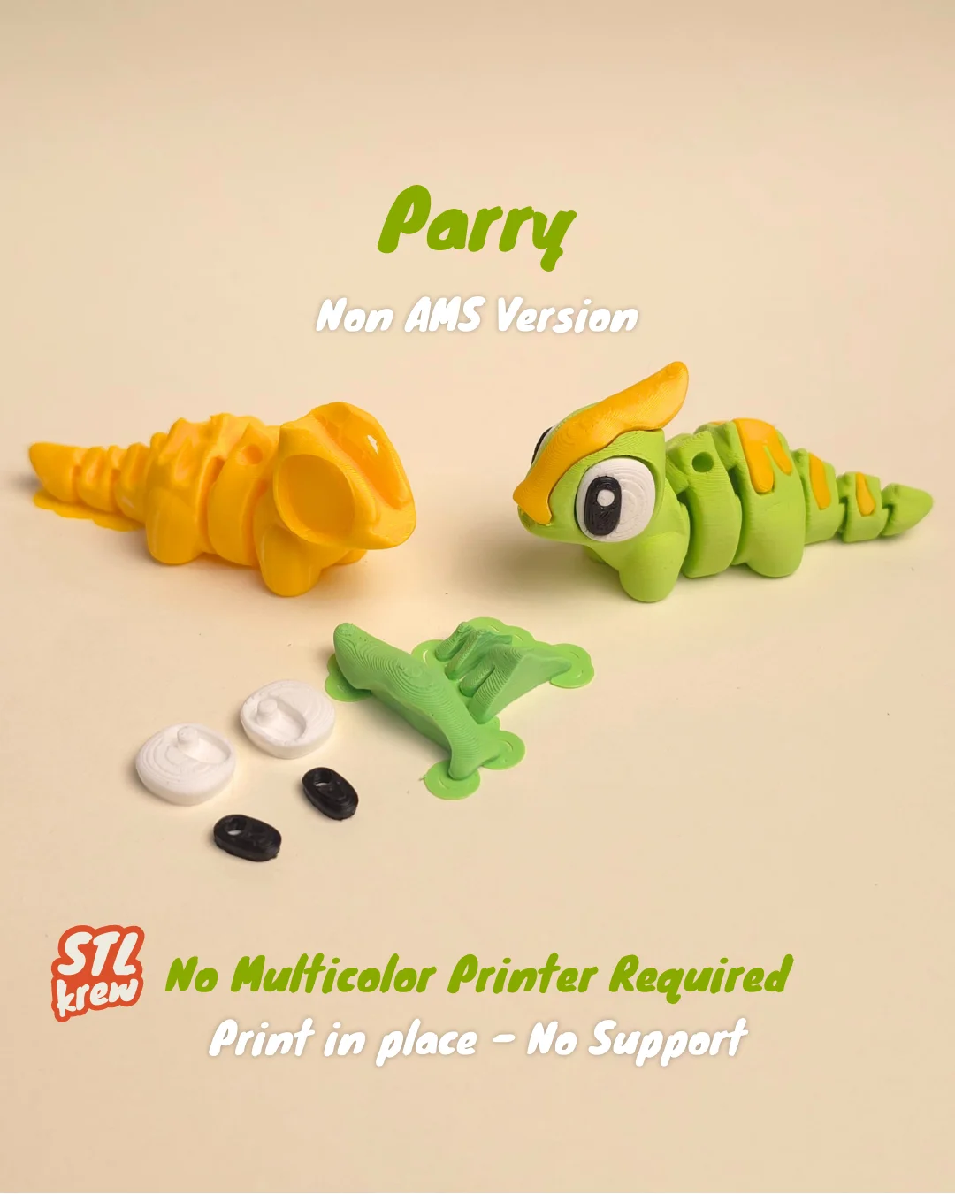 Cute Parasaur Non - AMS Articulated Dinosaur Parry , no support, print in place 3d model