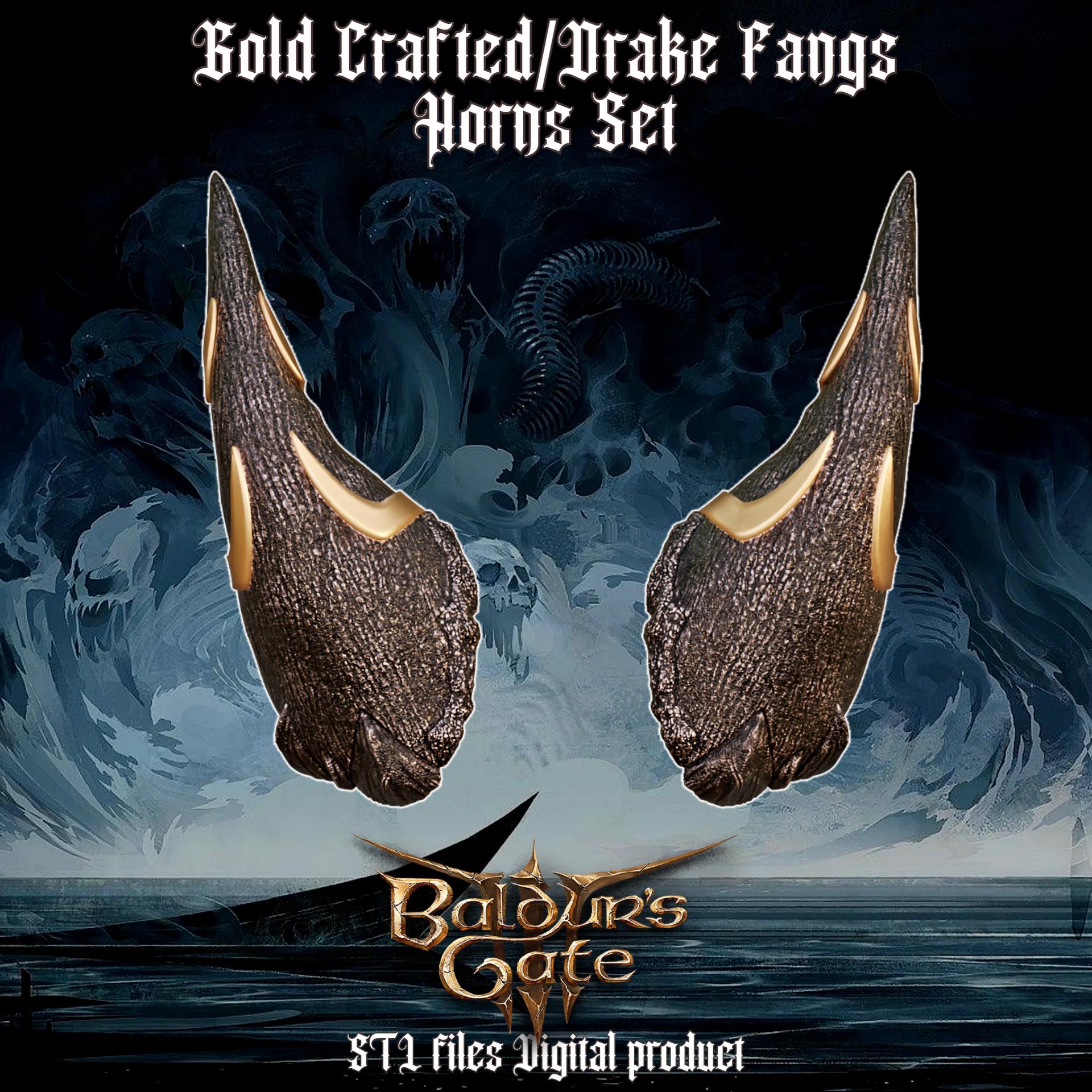 FANTASY DRAKE FANGS AND GOLD CRAFTED HORNS SET BALDURS GATE 3 3d model